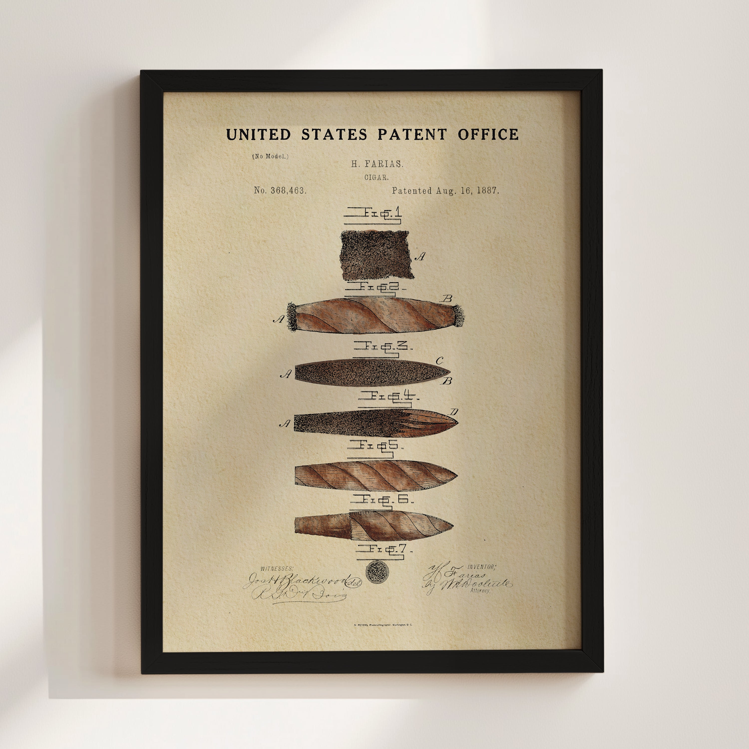 The image is a framed print of a United States patent office patent from 1887, featuring a detailed illustration of a cigar.