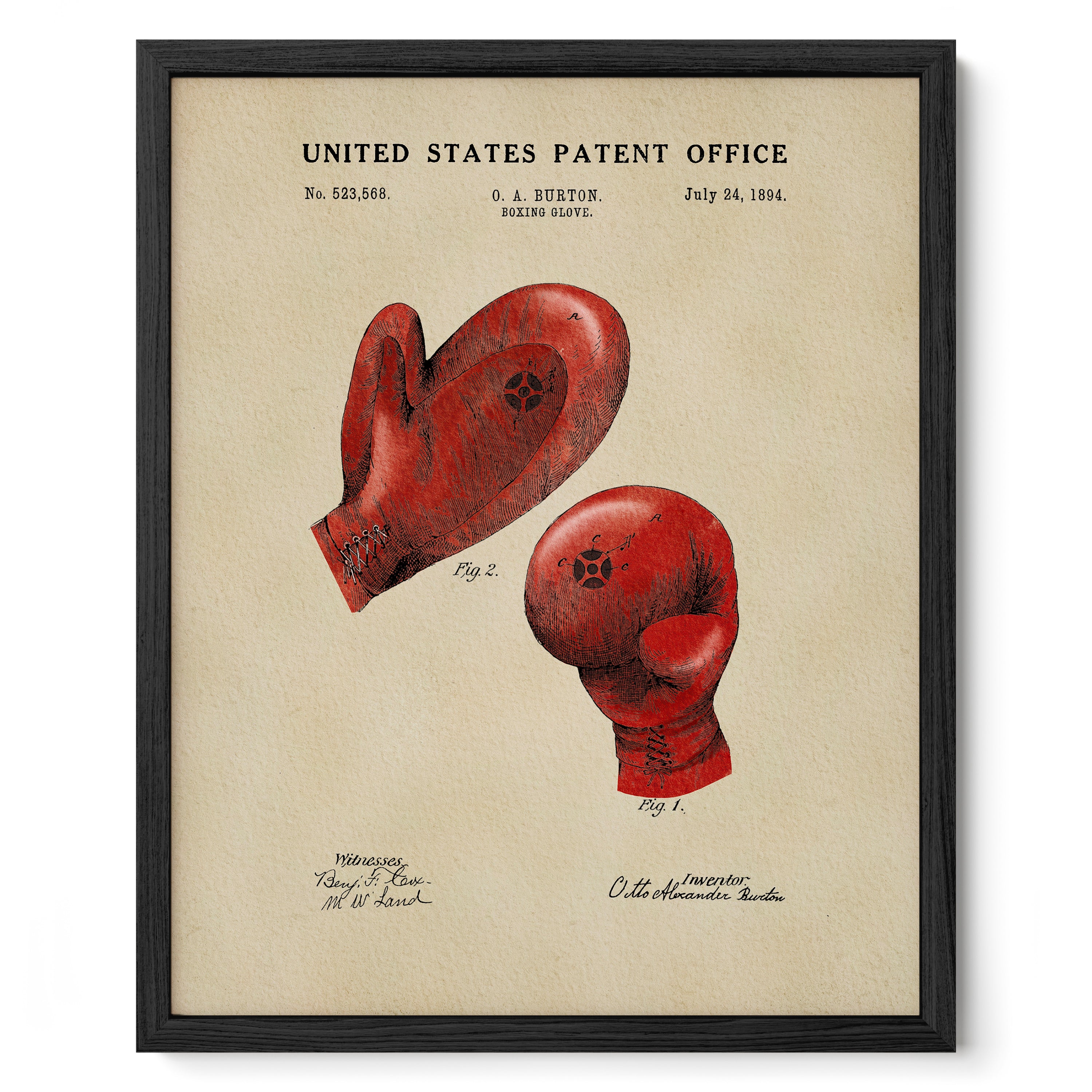 The image is a framed print depicting a pair of red boxing gloves, with the United States Patent Office's patent filing details visible.