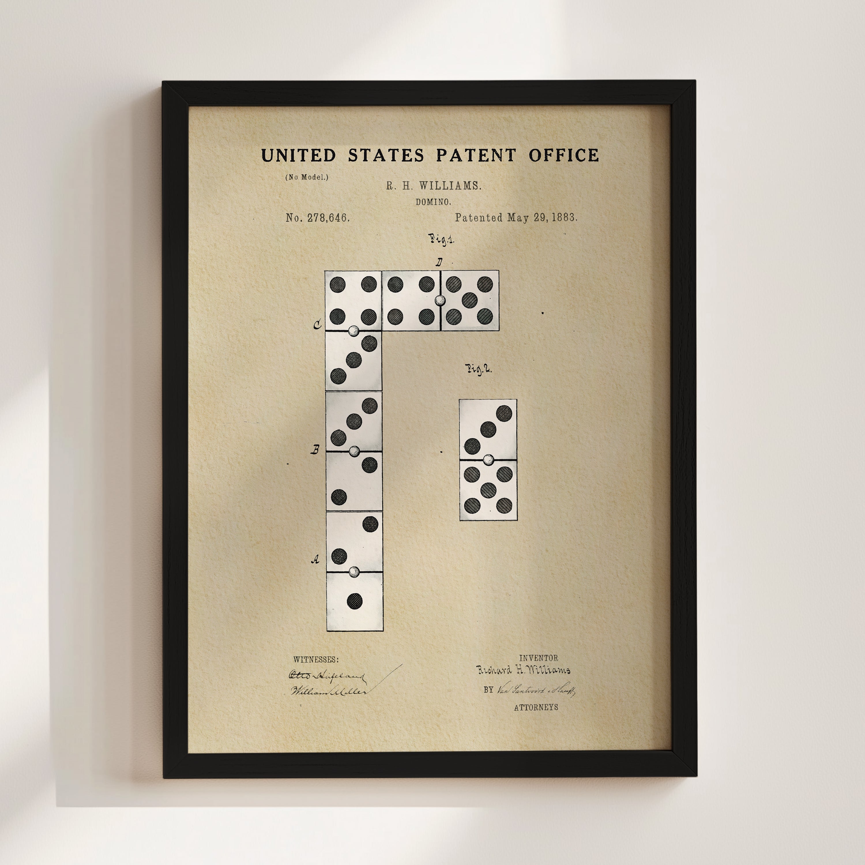 The image is a framed patent drawing depicting a domino setup with a series of dominoes arranged in a line.