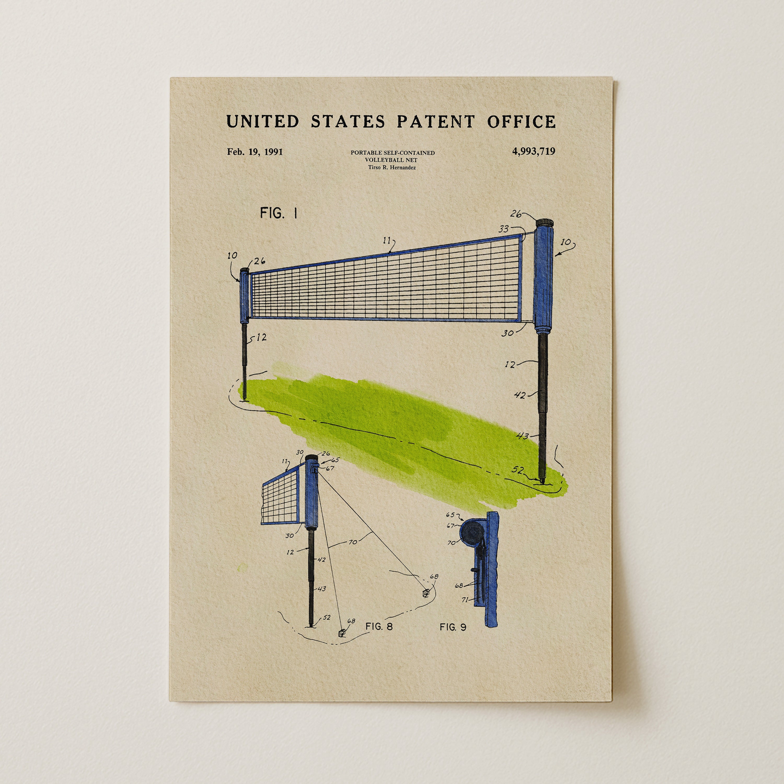 The image is a patent drawing of a volleyball net, depicting the net with a green background and blue netting.