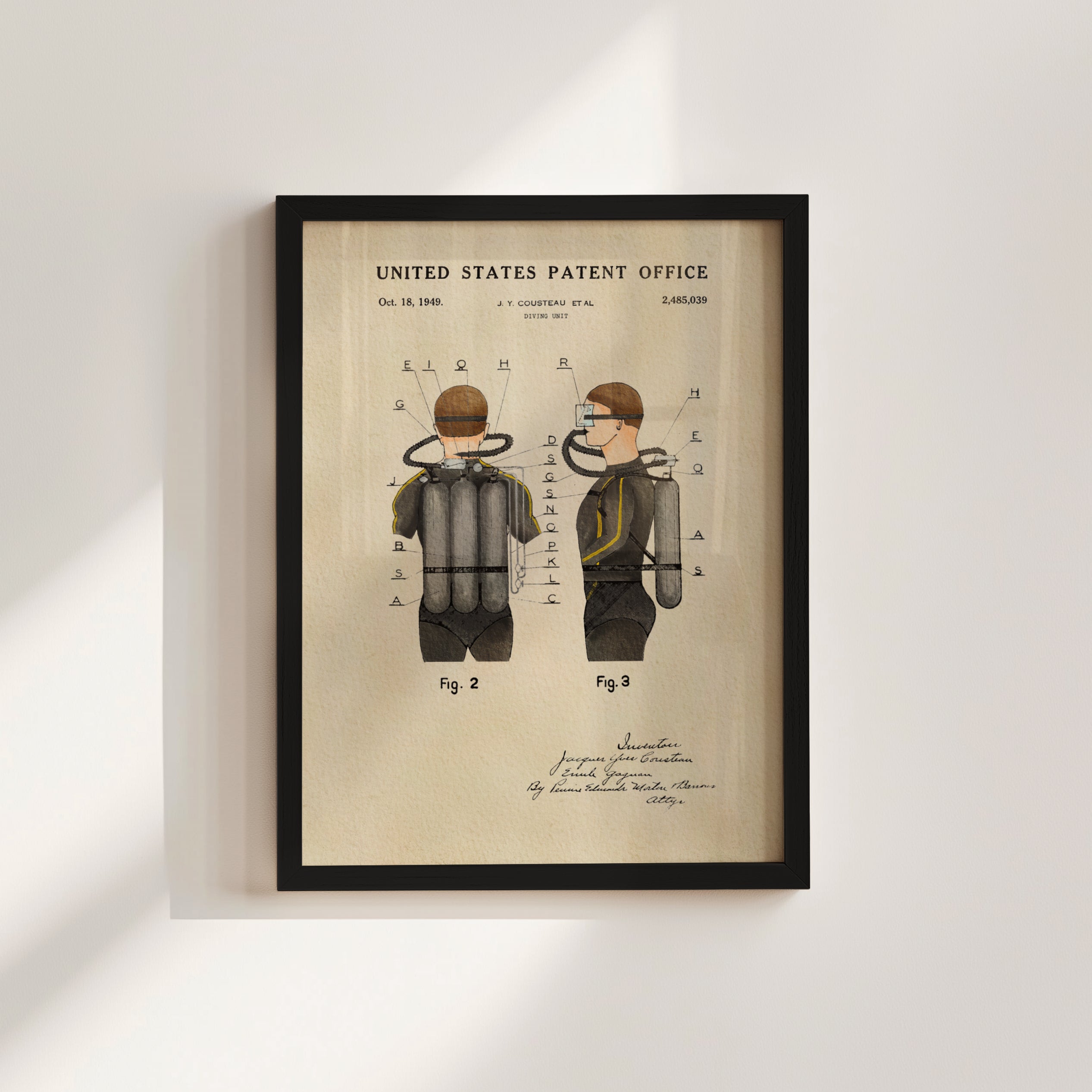 The image is a framed patent drawing depicting a diving suit with various technical drawings and annotations.
