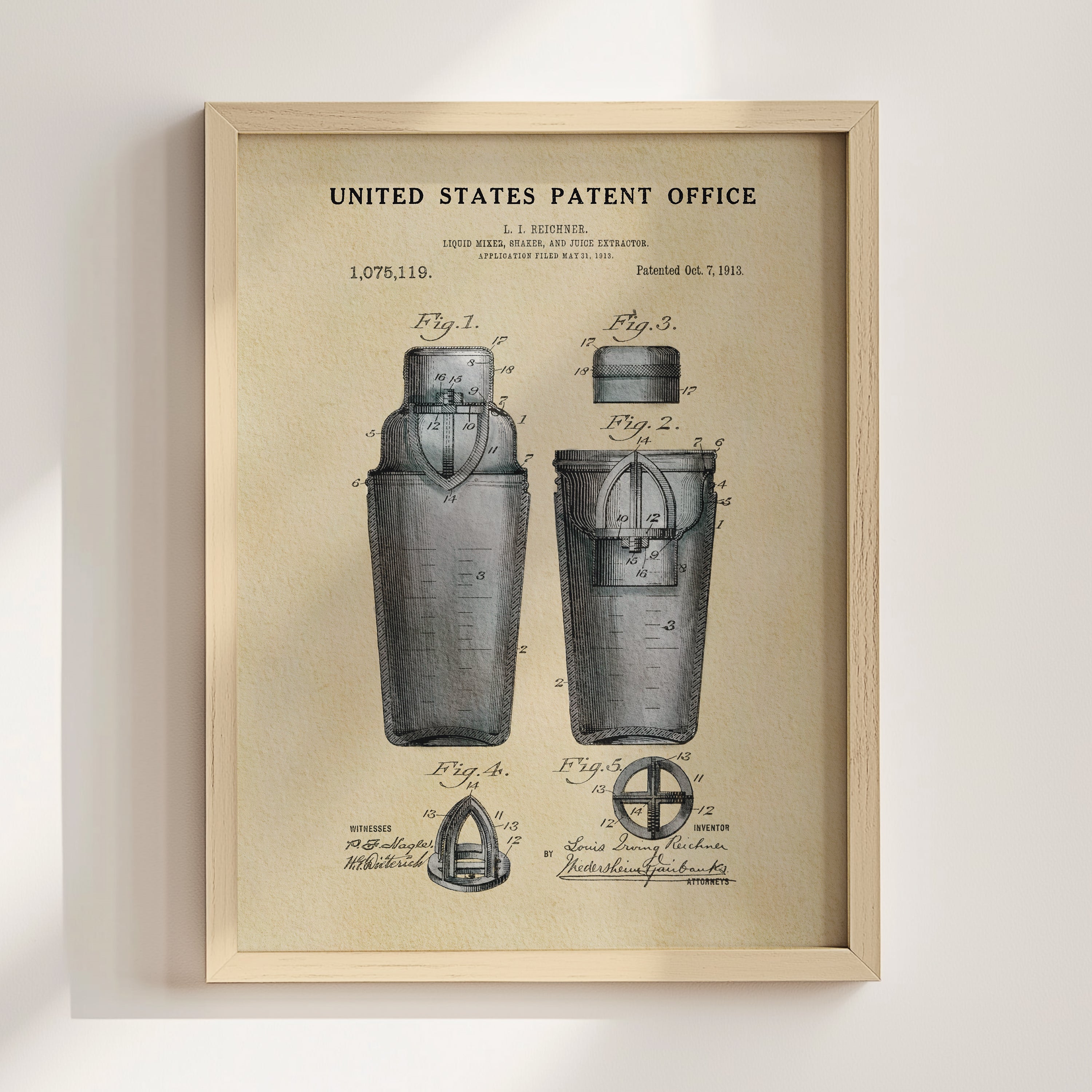 The image is a framed patent drawing depicting a cocktail shaker with detailed technical drawings and labels.
