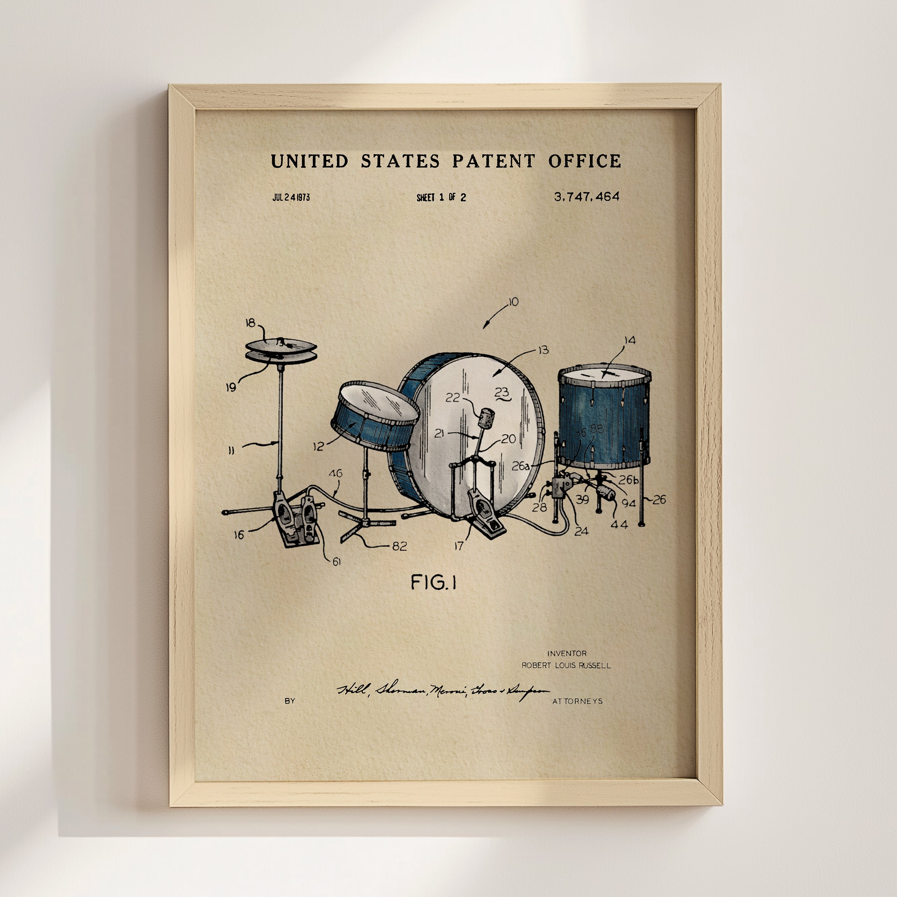 The image is a framed patent drawing depicting a drum set, with various technical drawings and labels.