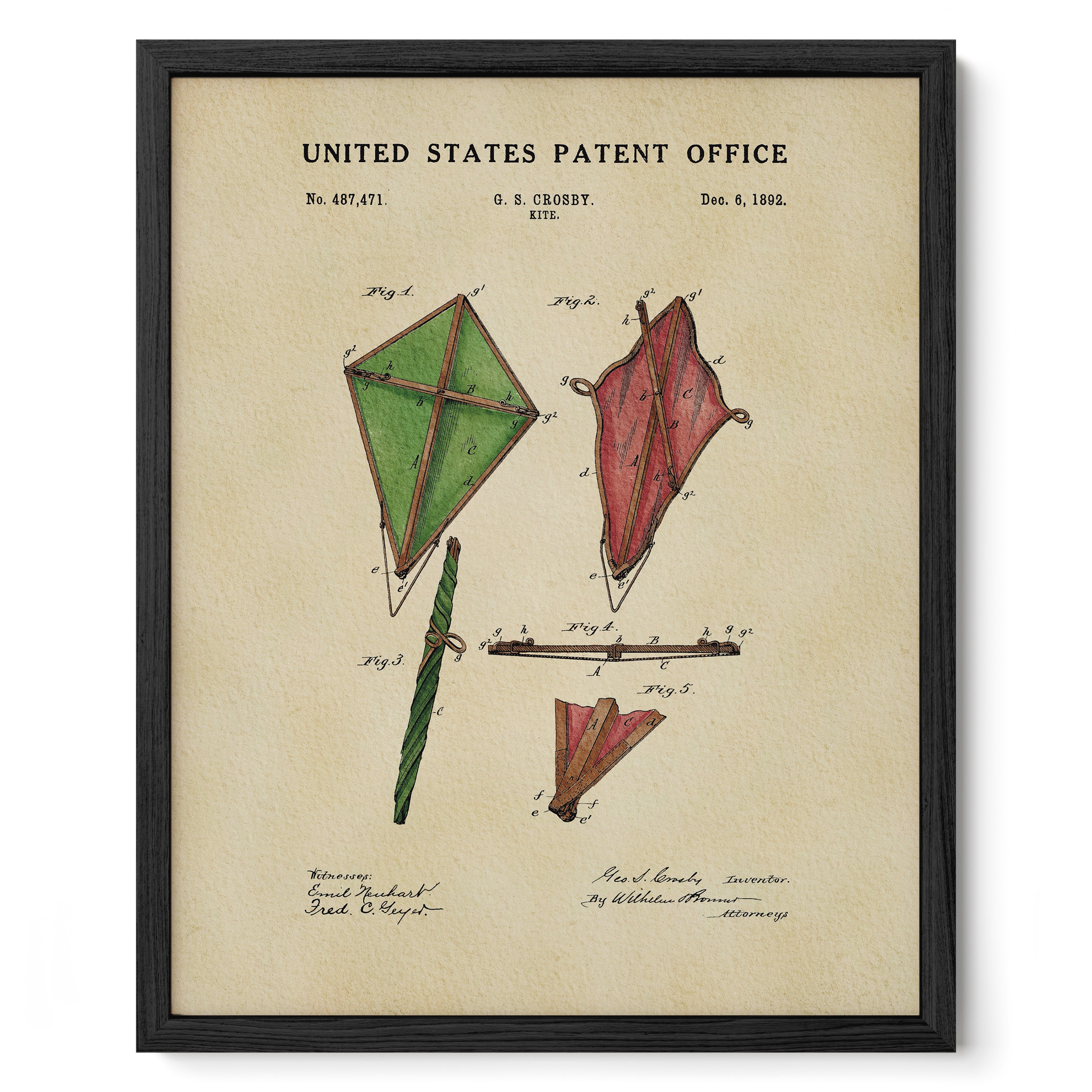 The image is a framed print depicting a kite design from the United States Patent Office, dated December 18, 1882.