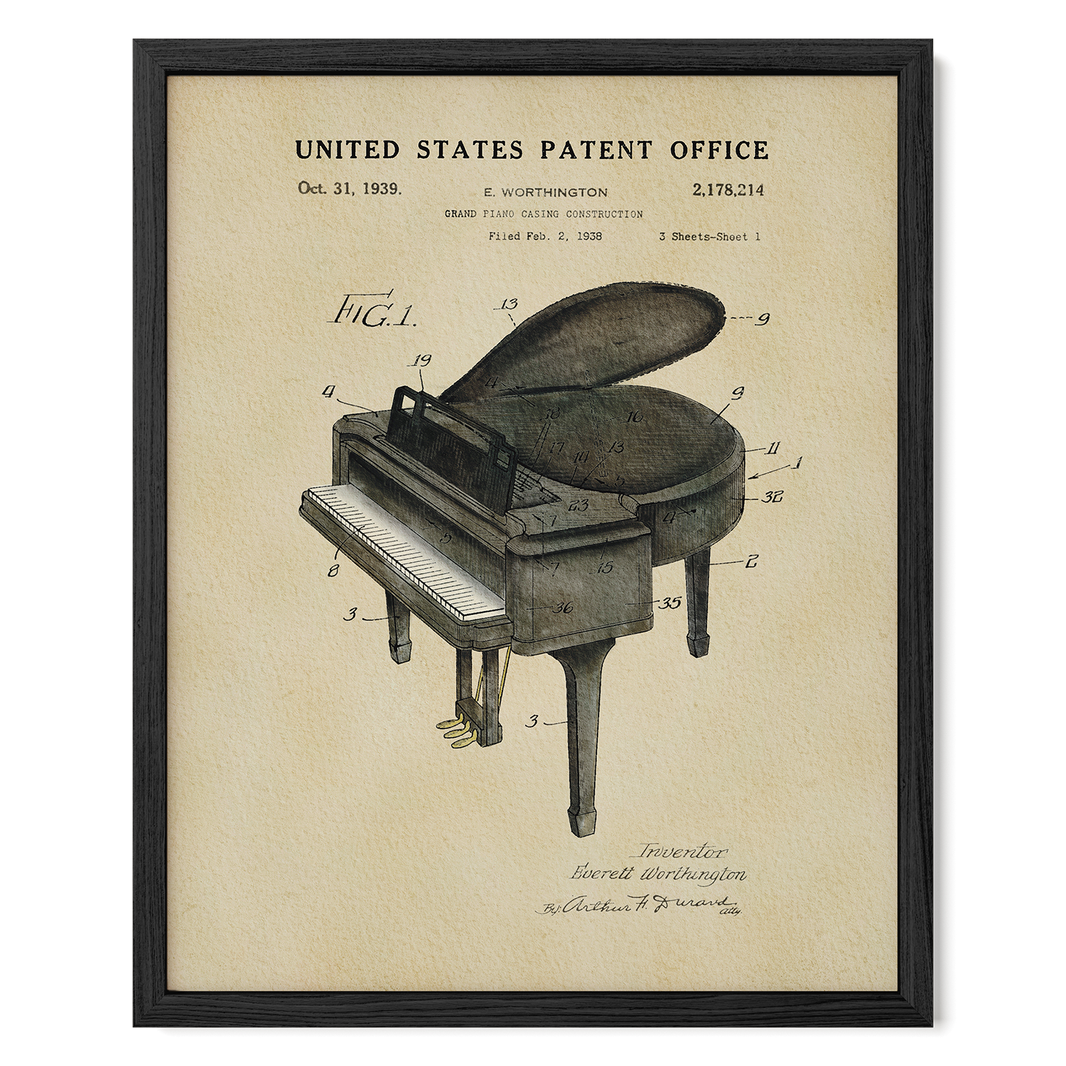 The image is a framed patent drawing of a grand piano, depicting the design and construction of the instrument.