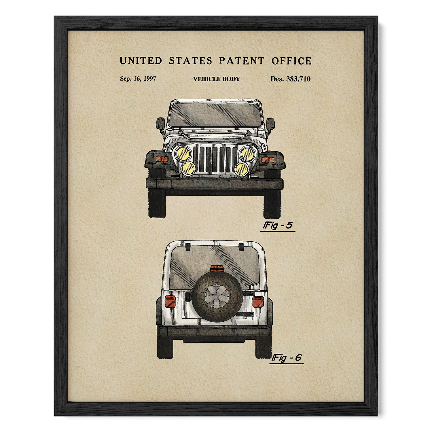 The image is a framed patent drawing of a vehicle, specifically a Jeep, with two views of the vehicle's body.