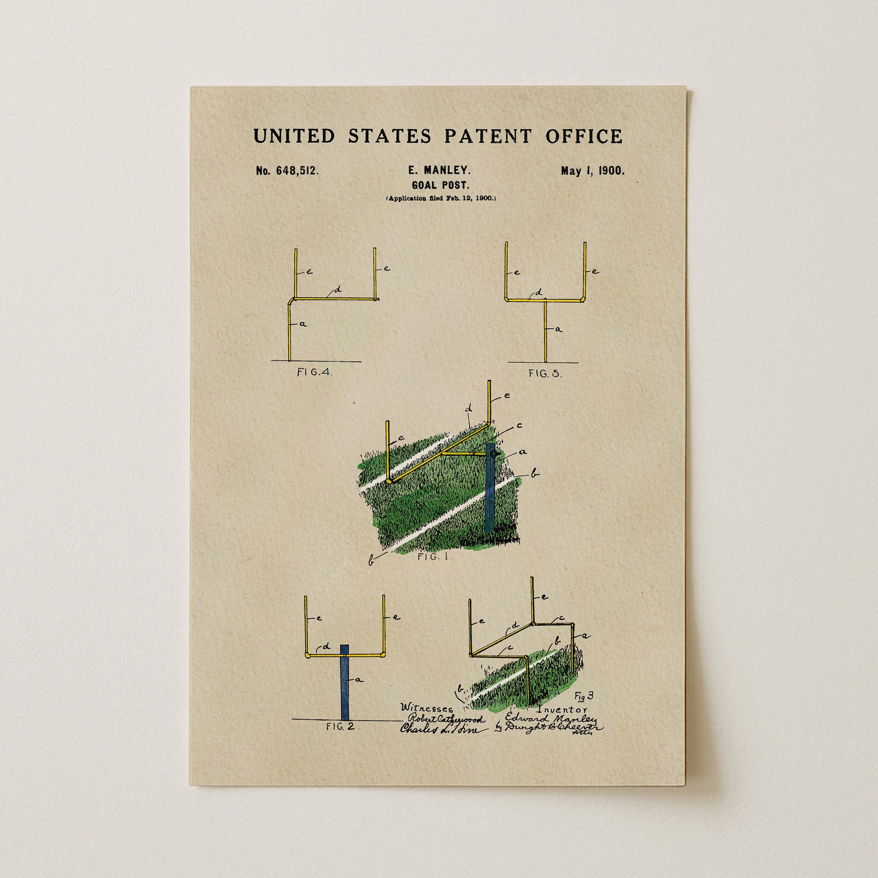 The image is a patent drawing from the United States Patent Office, depicting a football goal post and its components.