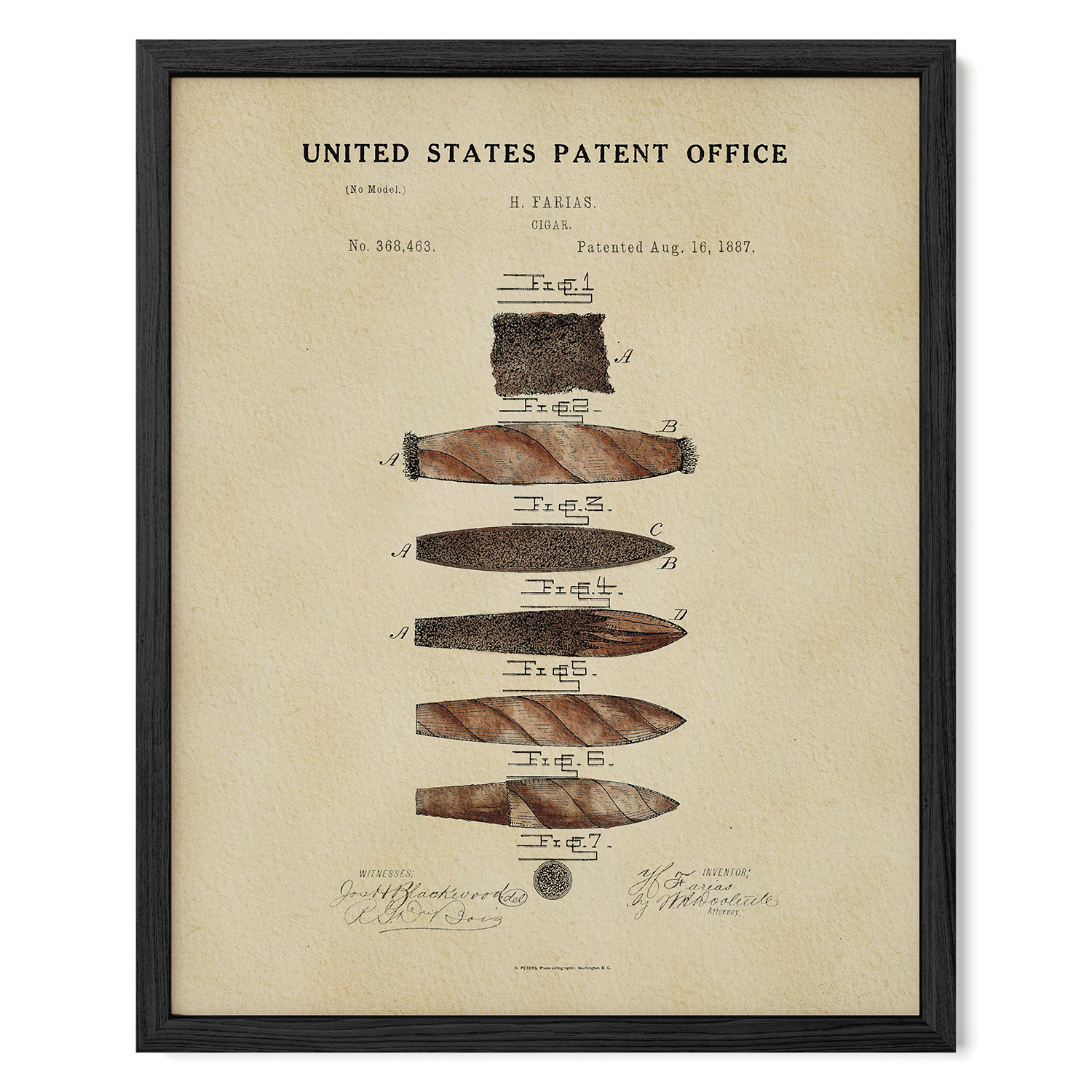 The image is a framed patent drawing depicting various cigar models, including a cigar with a large central piece and smaller pieces on either side.