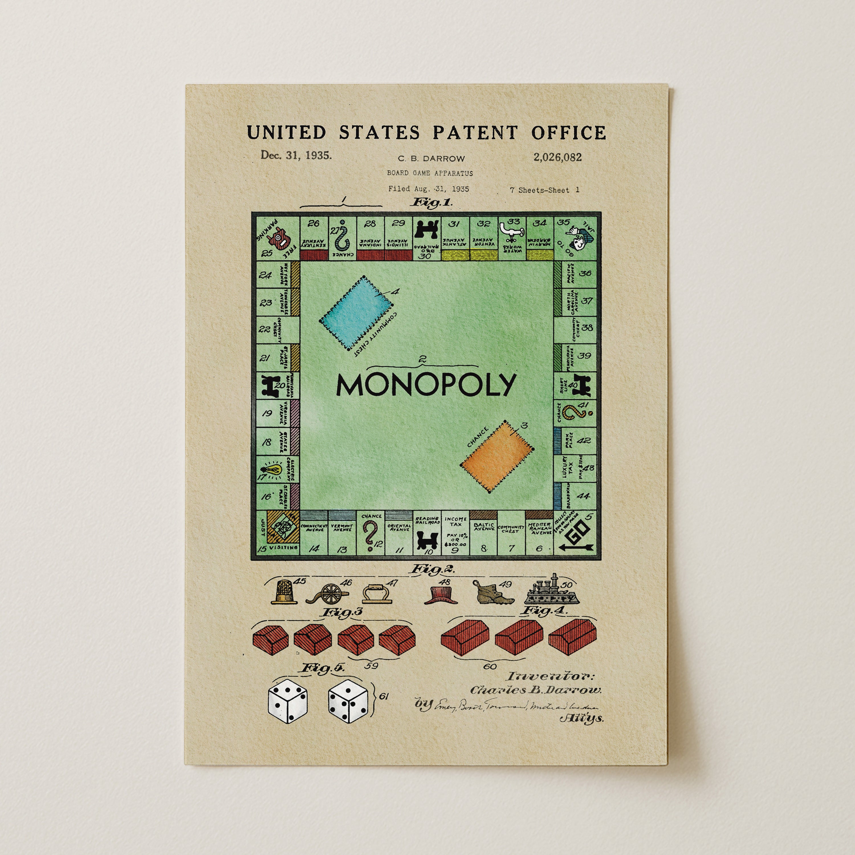 The image is a vintage patent office document from the United States, featuring the Monopoly board game and its inventors.