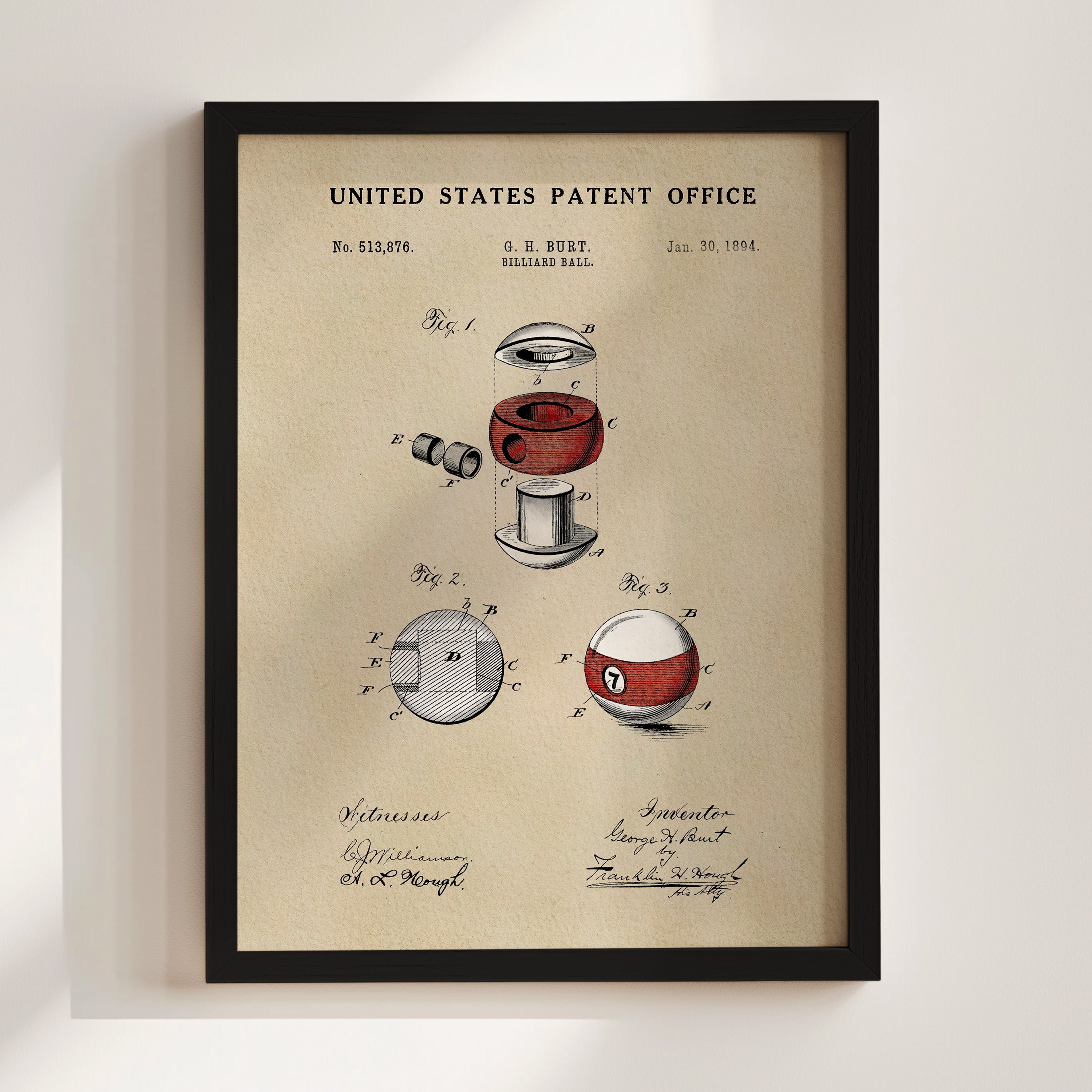 The image is a framed patent drawing depicting a pool ball and a pool cue, with the United States Patent Office's patent filing information displayed.