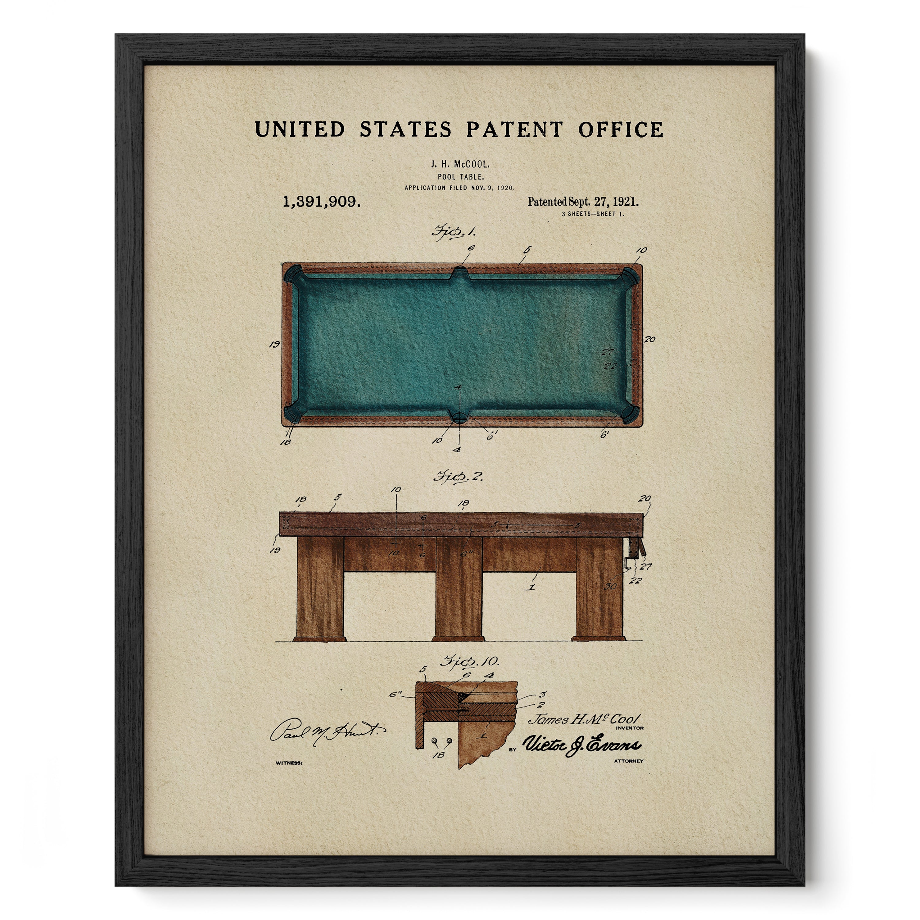 The image is a framed vintage patent drawing of a pool table, depicting the design and construction of the table and its components.