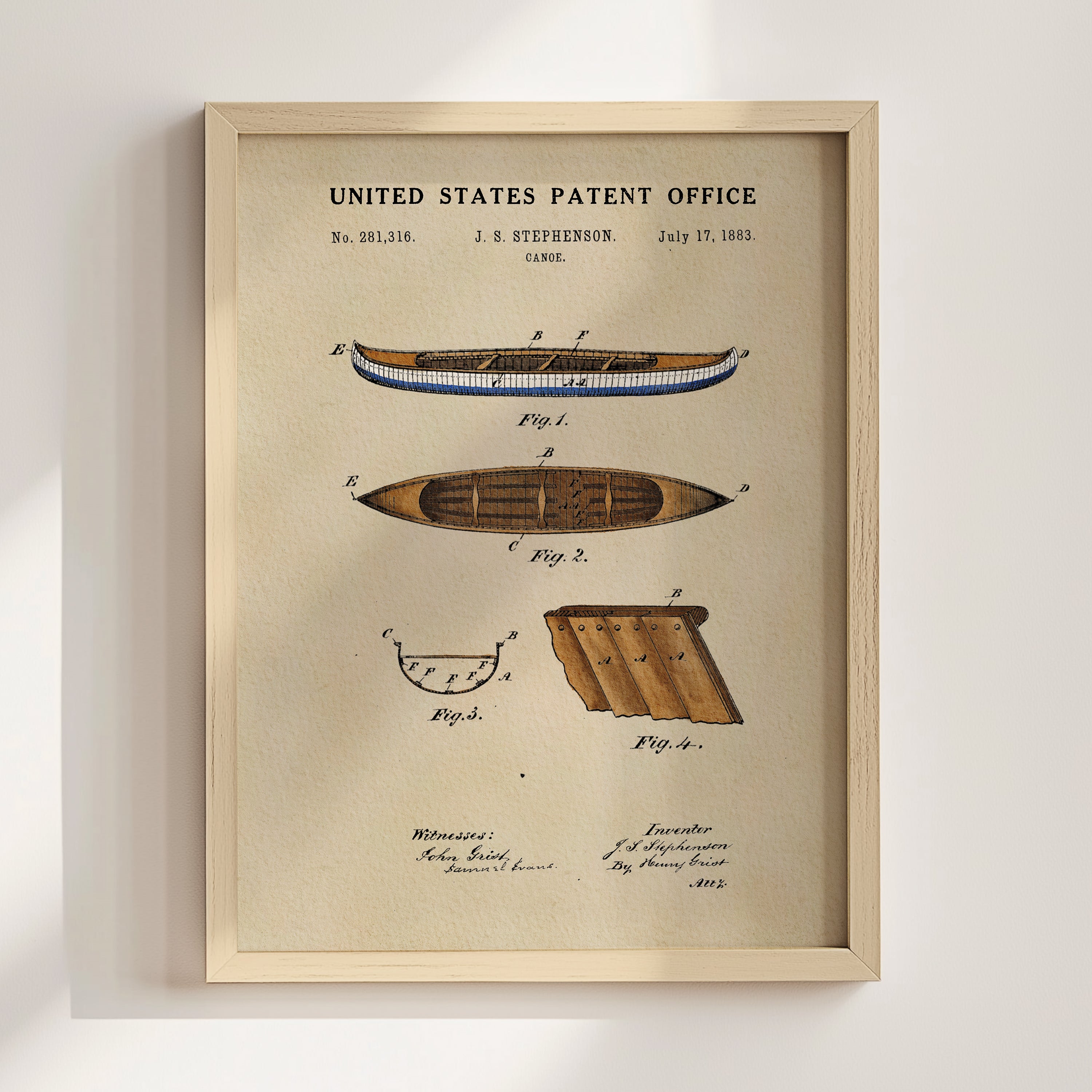 The image is a framed patent drawing depicting a boat, specifically a canoe, with accompanying technical drawings and annotations.