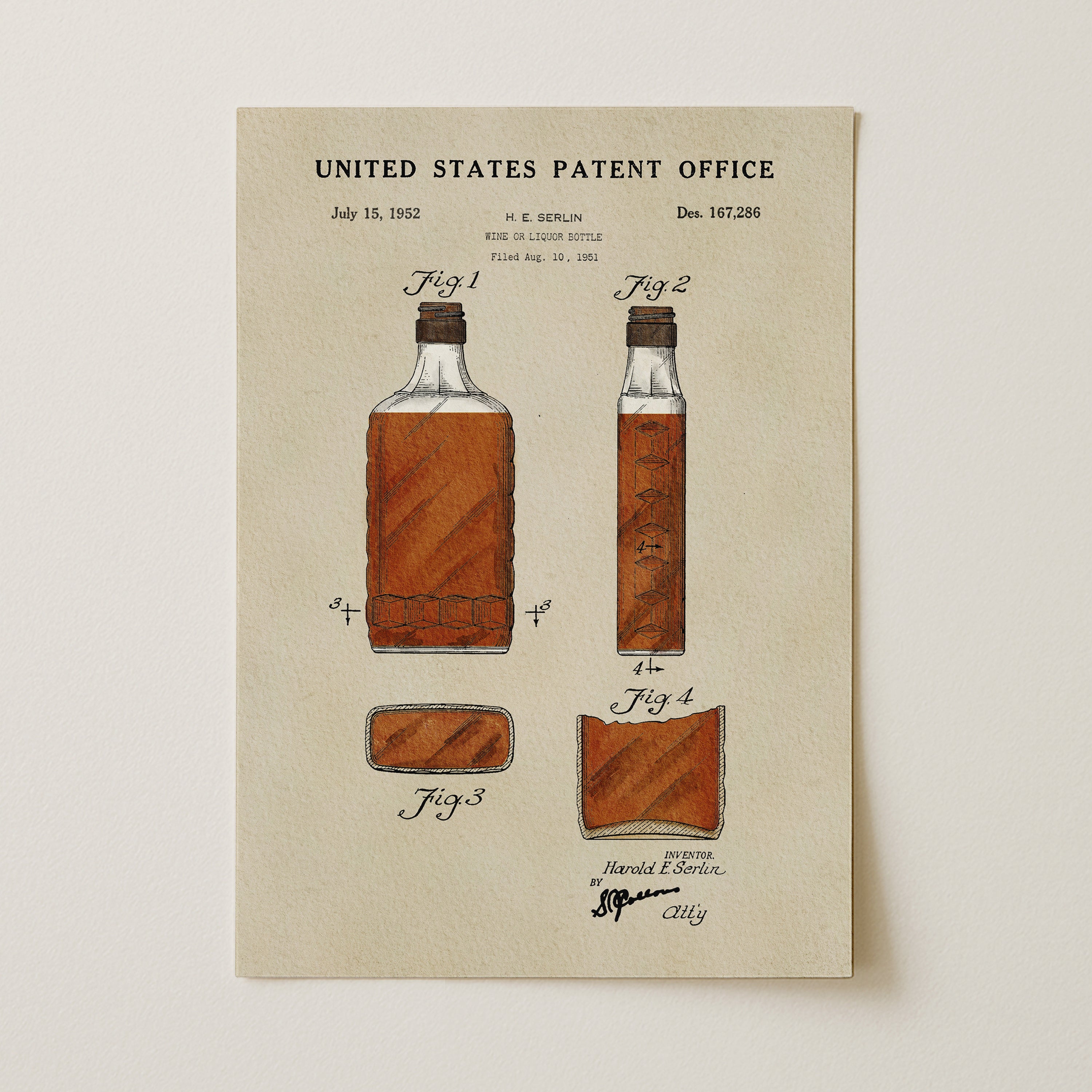 The image is a patent drawing from the United States Patent Office, depicting a bottle of liquor with a label and a label depicting a bottle of liquor.