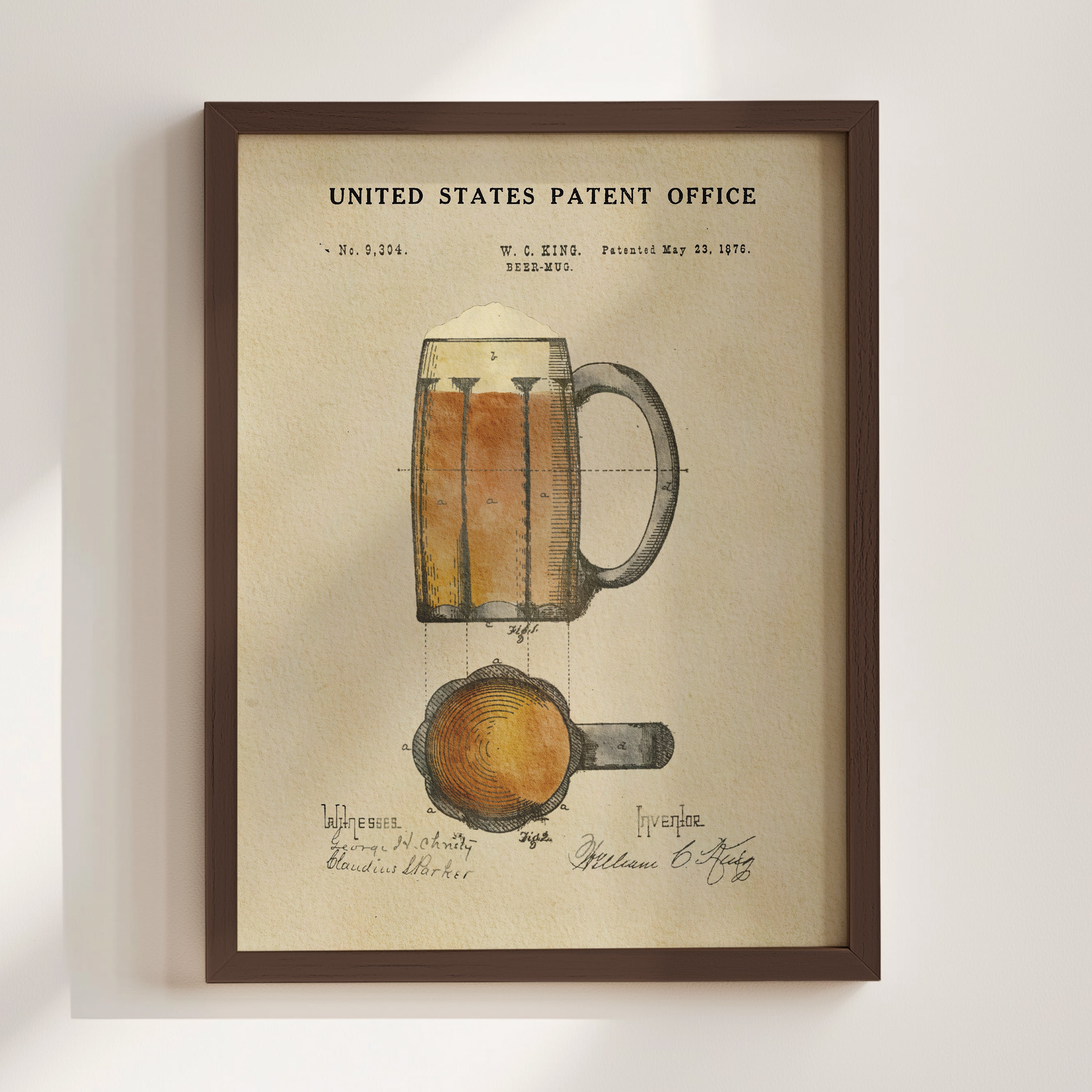 The image is a framed print depicting a beer mug with a detailed illustration of the mug and its contents.