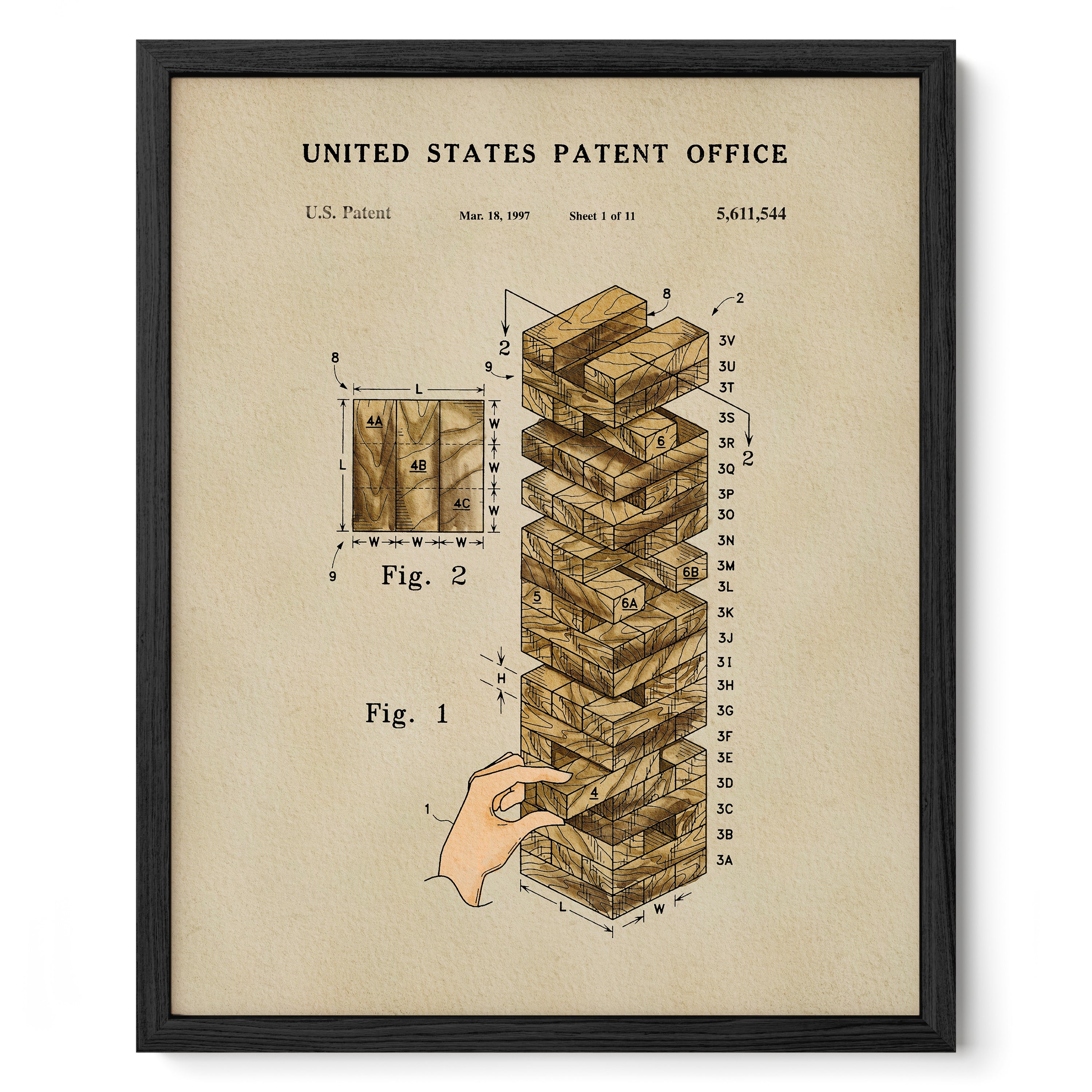 The image is a framed patent drawing depicting a Jenga block tower.