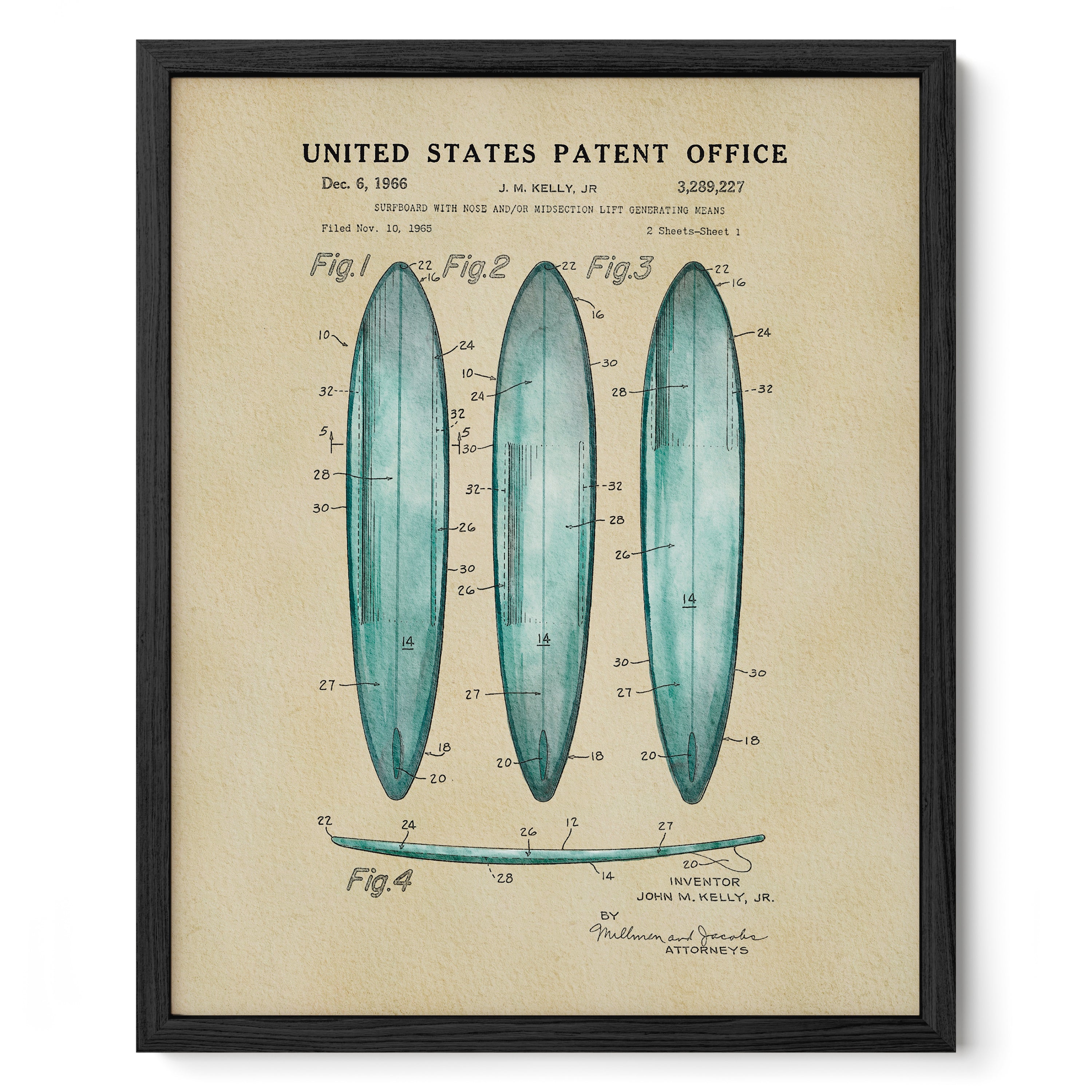 The image is a framed vintage patent office print featuring a three-panel illustration of a surfboard design.