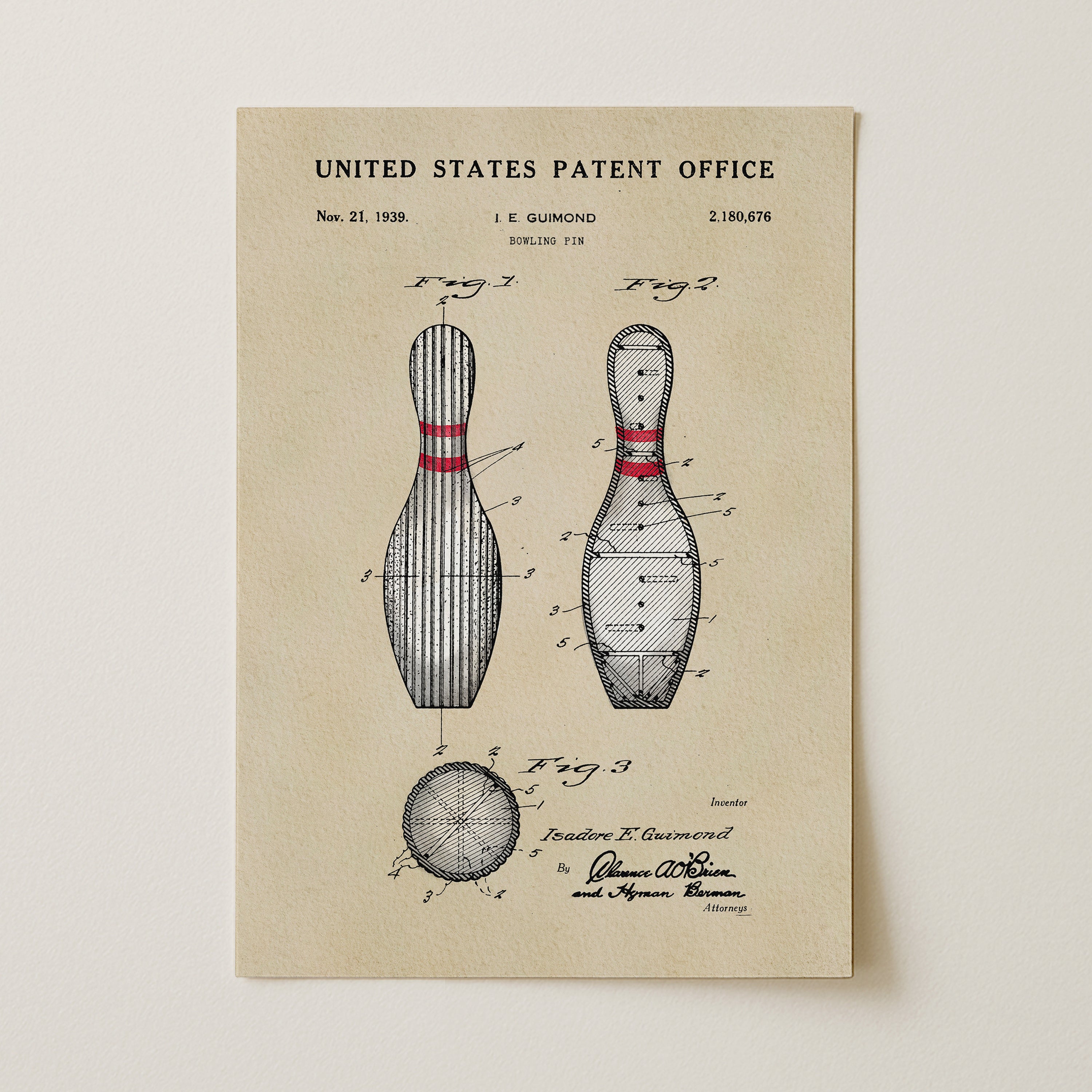 The image is a vintage United States patent from 1933, depicting a bowling pin with a red and white striped design.