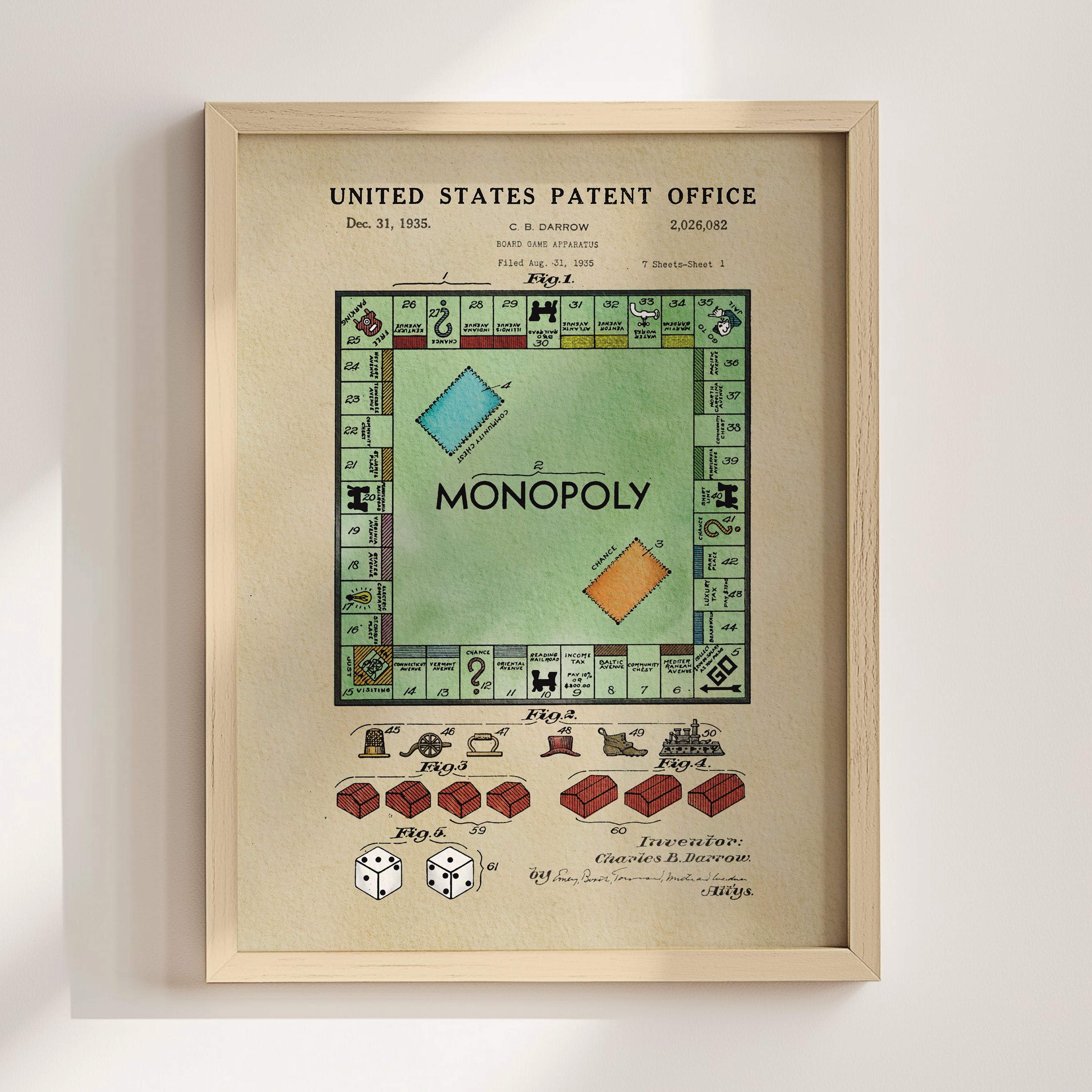 The image is a framed print of a Monopoly board game patent application dated December 31, 1935.