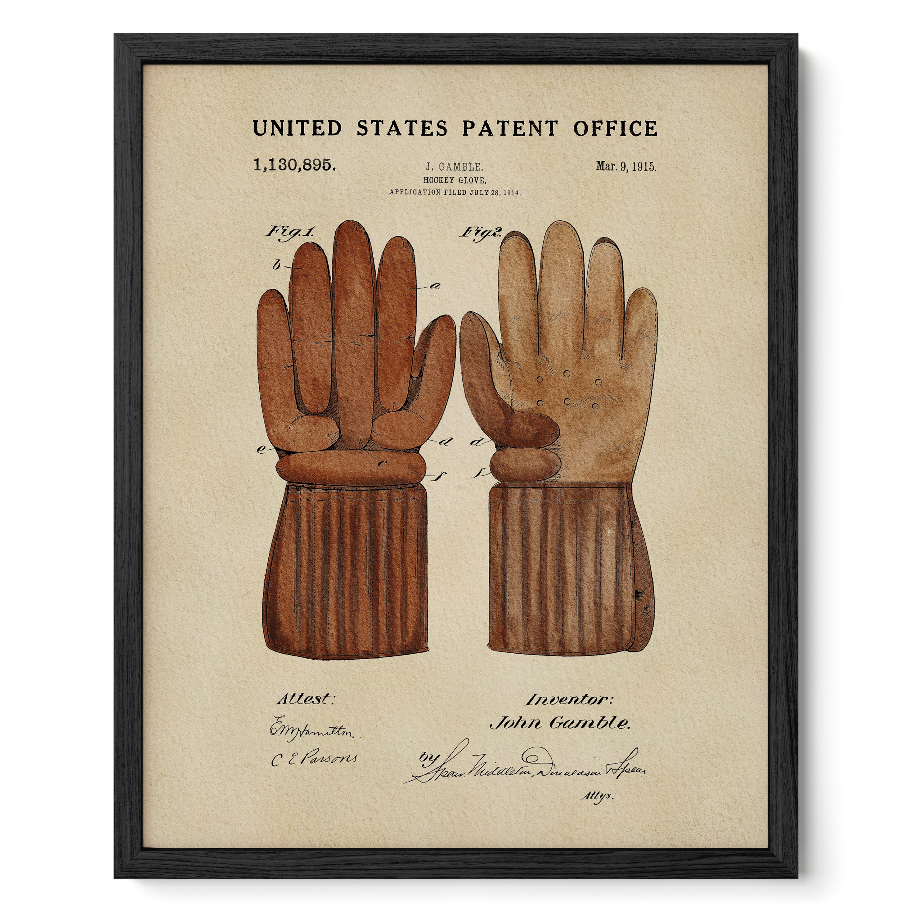The image is a framed patent drawing depicting a pair of brown leather gloves, with the United States Patent Office and the date of invention labeled.