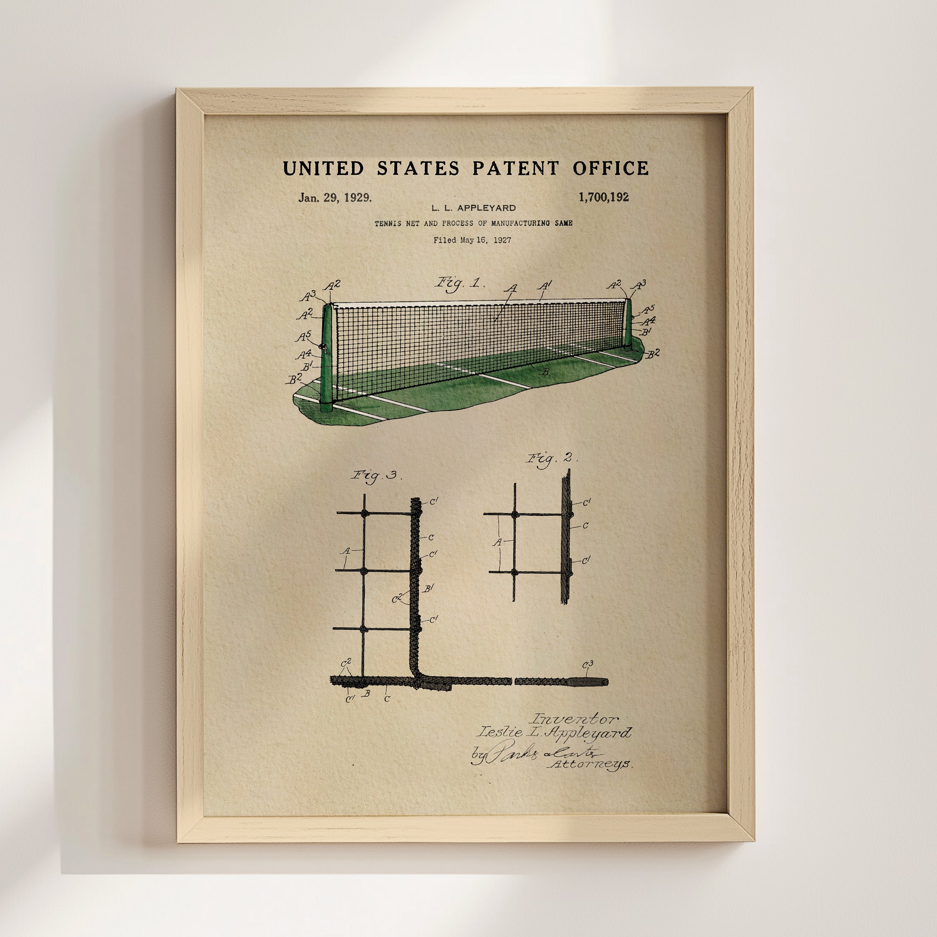 The image is a framed patent drawing depicting a tennis net and court, with a title