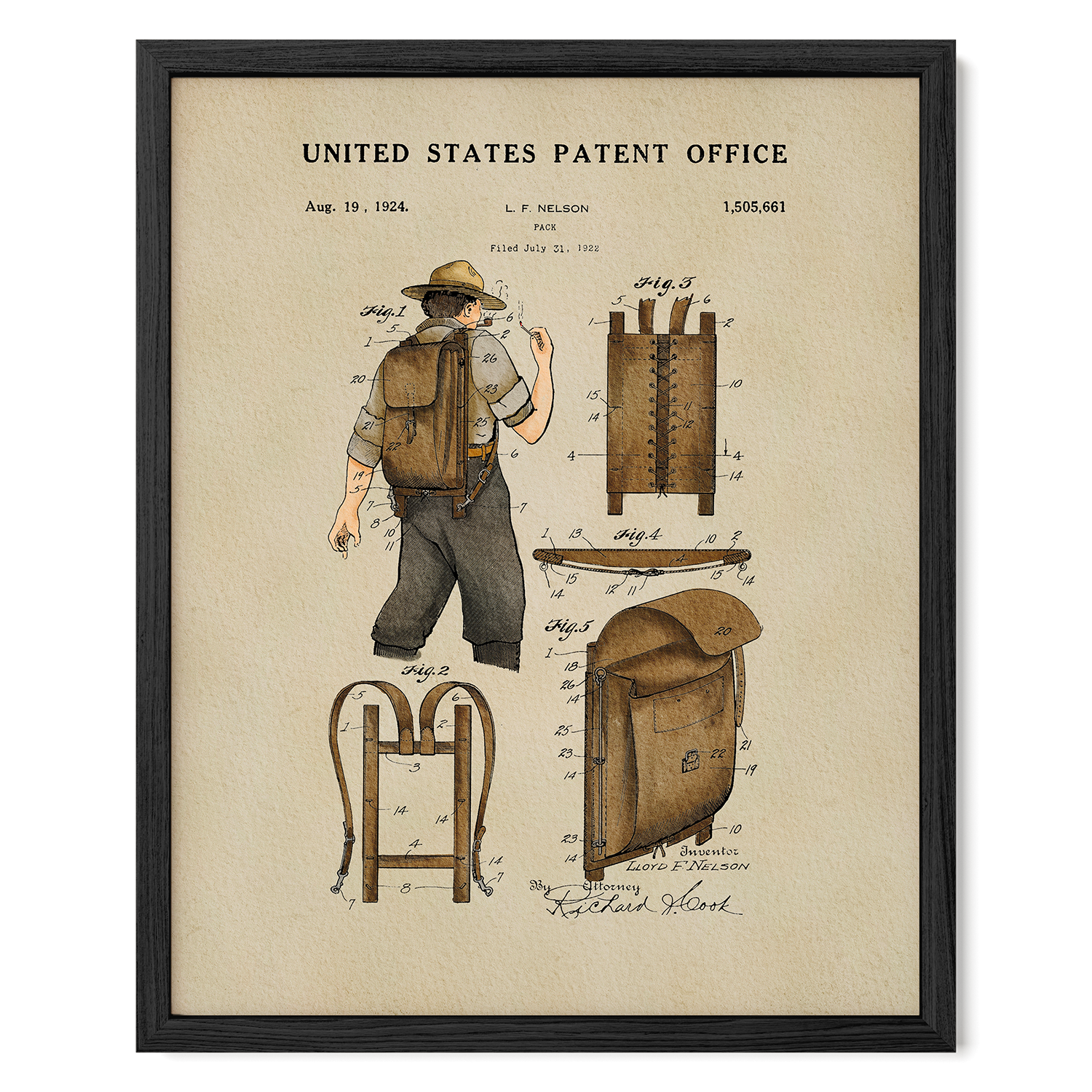The image is a framed patent drawing depicting a man with a backpack, showing the design and features of the backpack.