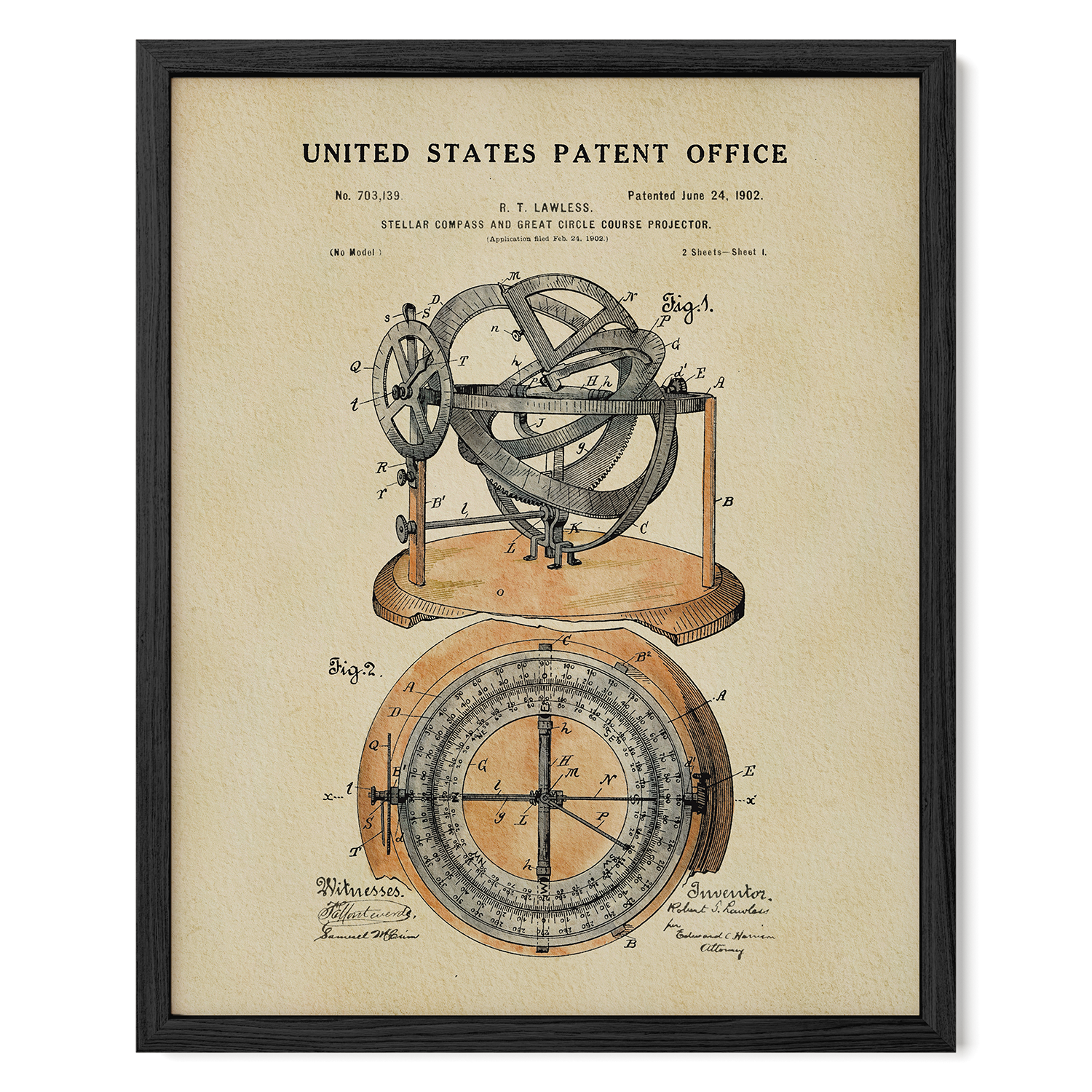 The image is a framed patent drawing depicting a device with a circular base and a circular wheel, possibly a mechanical or astronomical instrument.