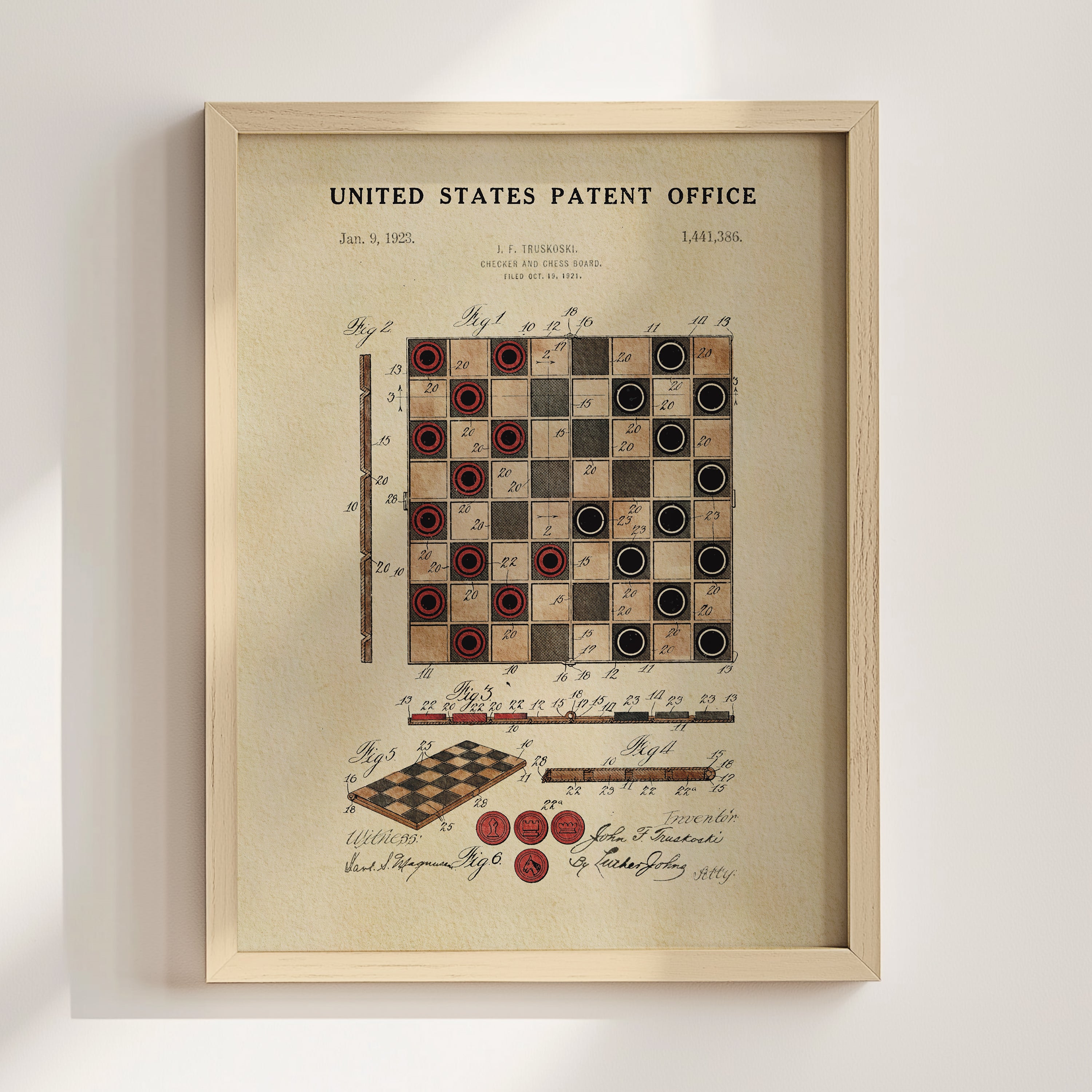 The image is a framed vintage patent drawing depicting a checkerboard with checker pieces and a stick, along with handwritten notes and diagrams.