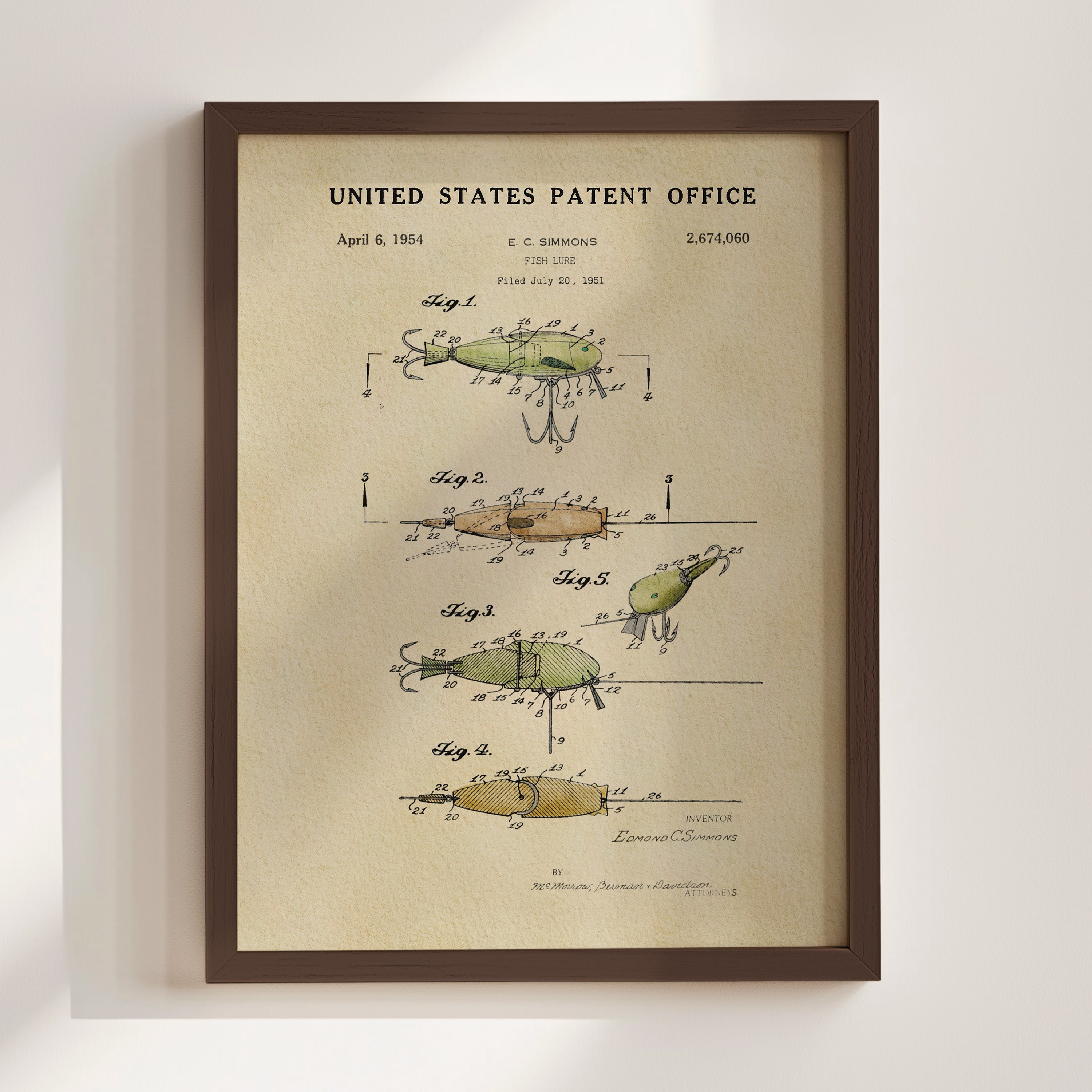 The image is a framed print of a United States patent office patent from April 6, 1954, for a fishing lure.