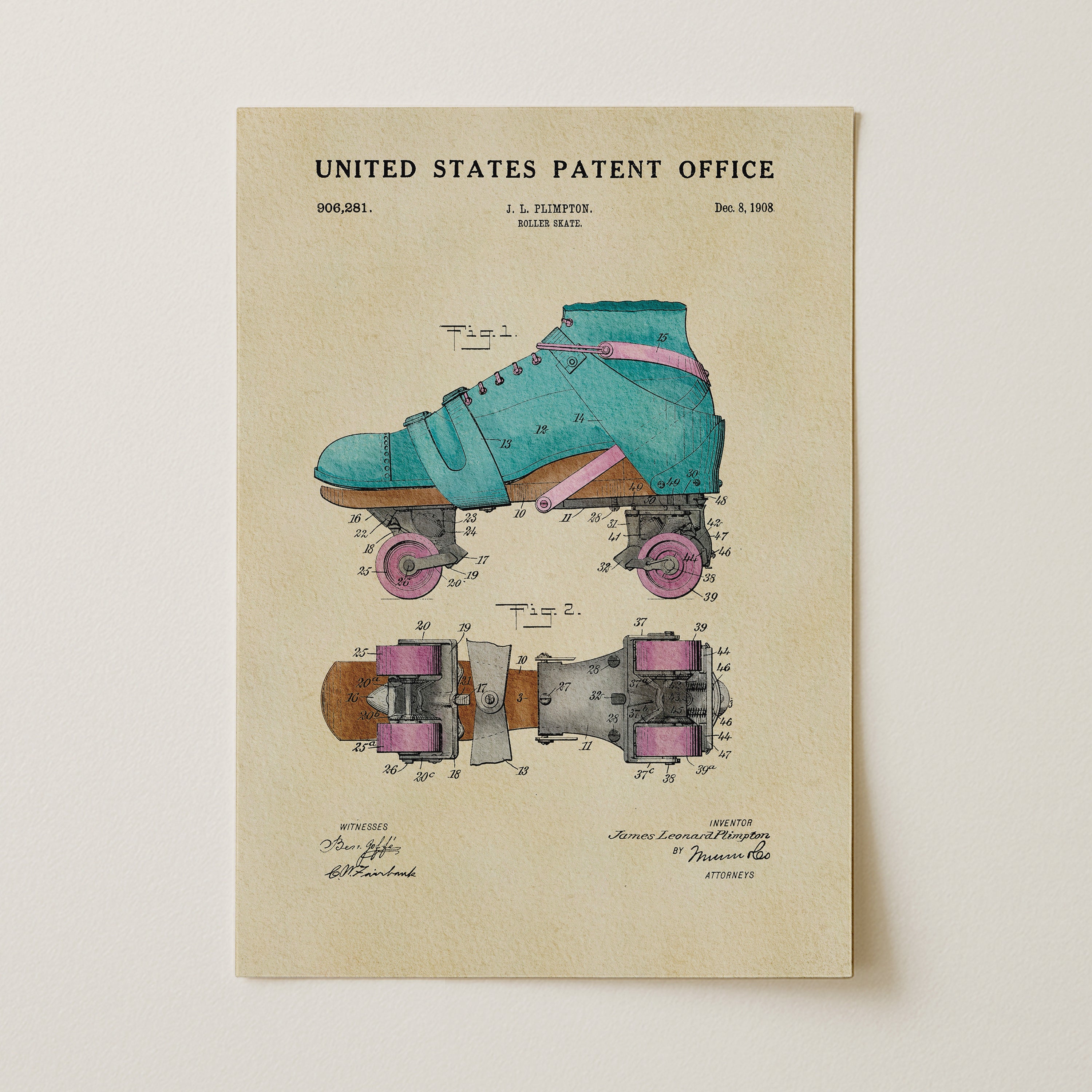 A vintage United States patent office patent for roller skates, featuring a detailed technical drawing and specifications.