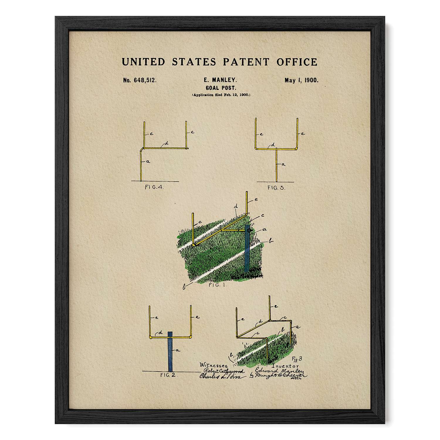 The image is a framed patent drawing from the United States Patent Office, depicting a football goal post with various technical drawings and annotations.