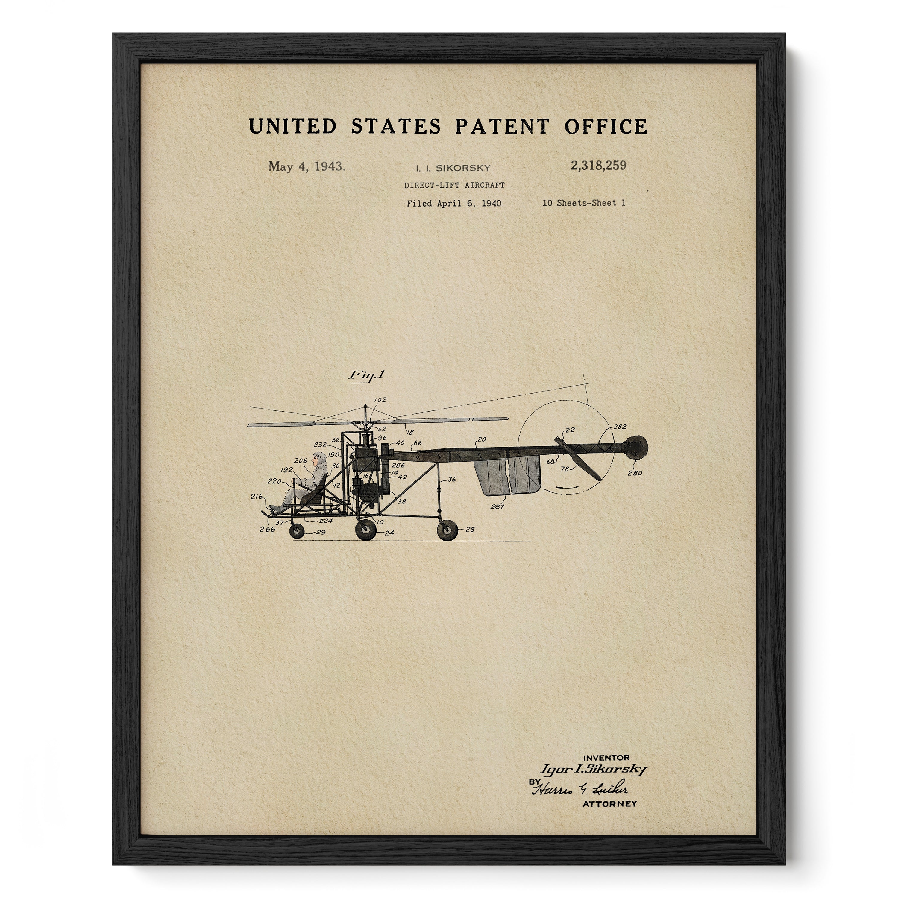 A framed patent office patent from the United States, dated May 4, 1943, with a drawing of a helicopter.