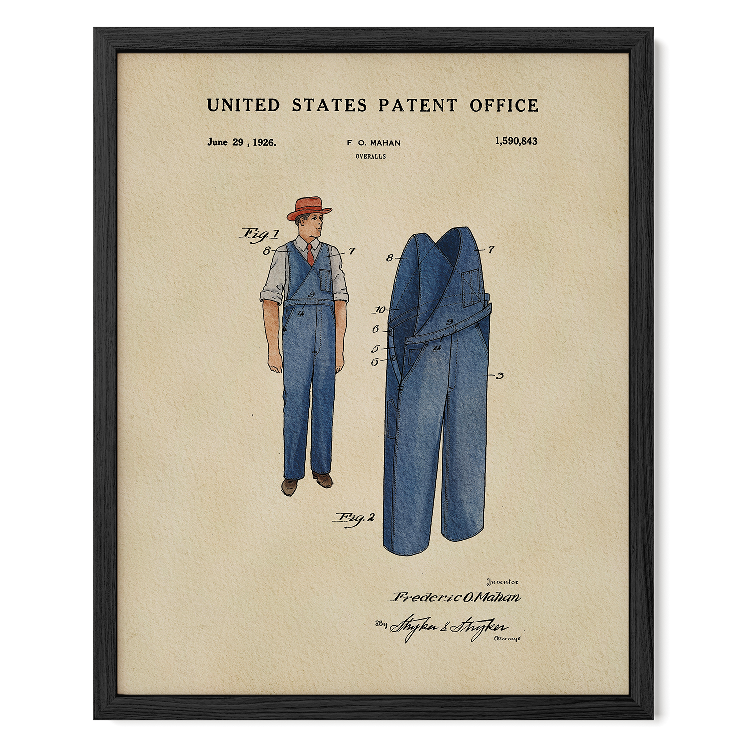 The image is a framed patent drawing depicting a man's outfit, including a hat and pants, with a title