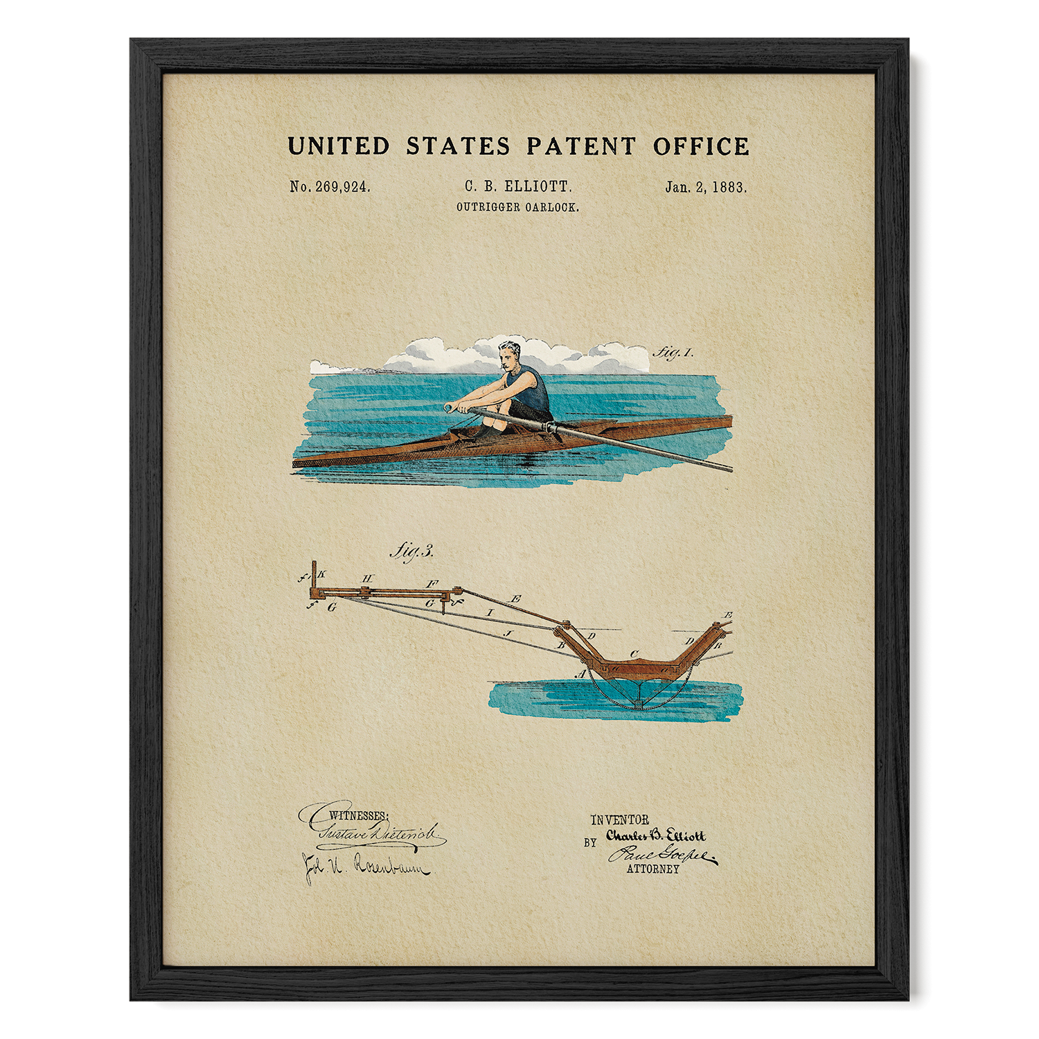 The image is a framed patent drawing depicting a rowing oar and a diagram of the rowing mechanism.