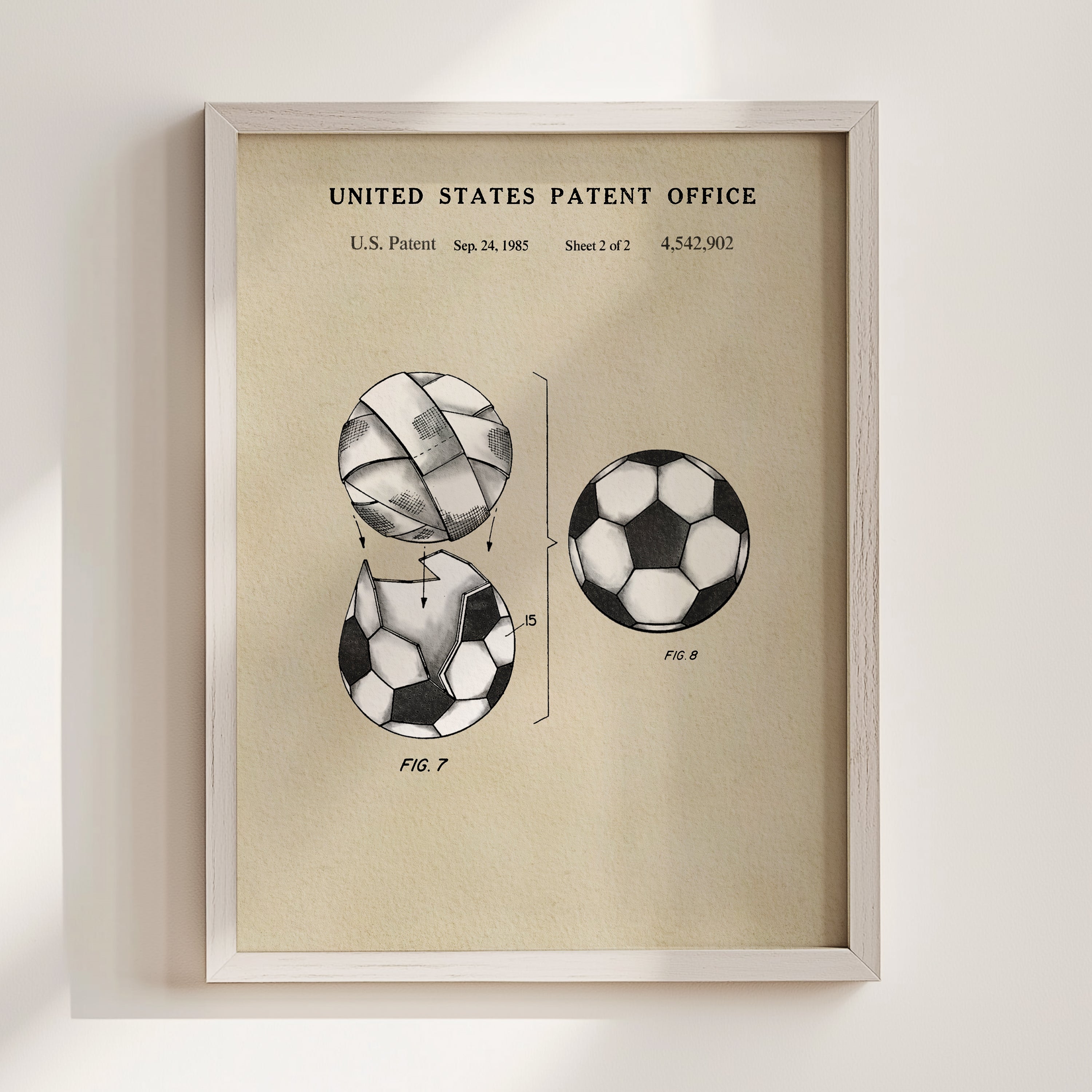 The image is a framed patent drawing depicting a soccer ball with a detailed illustration of its design.