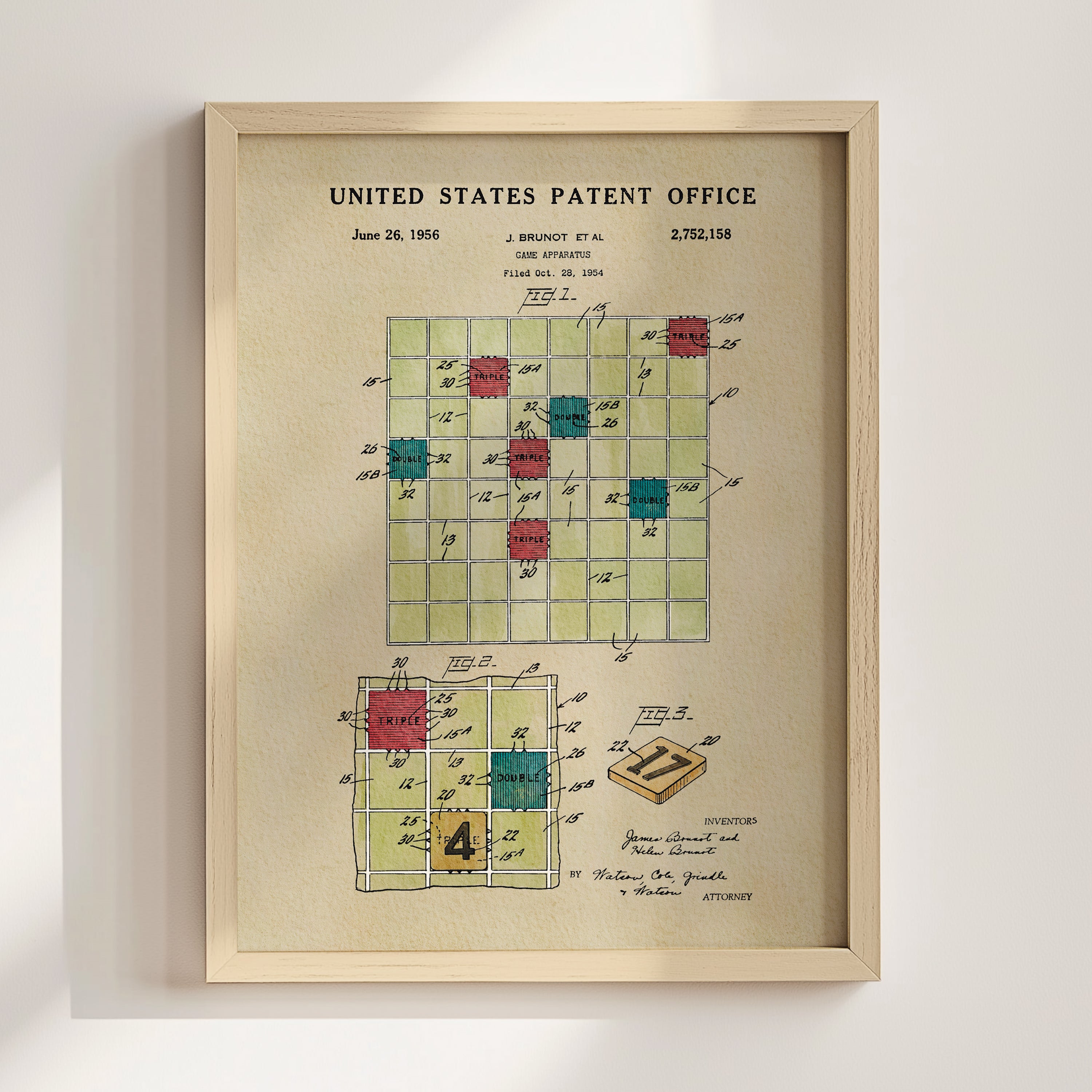 The image is a framed patent drawing depicting a design for a game board with a grid-like pattern and various colored squares.