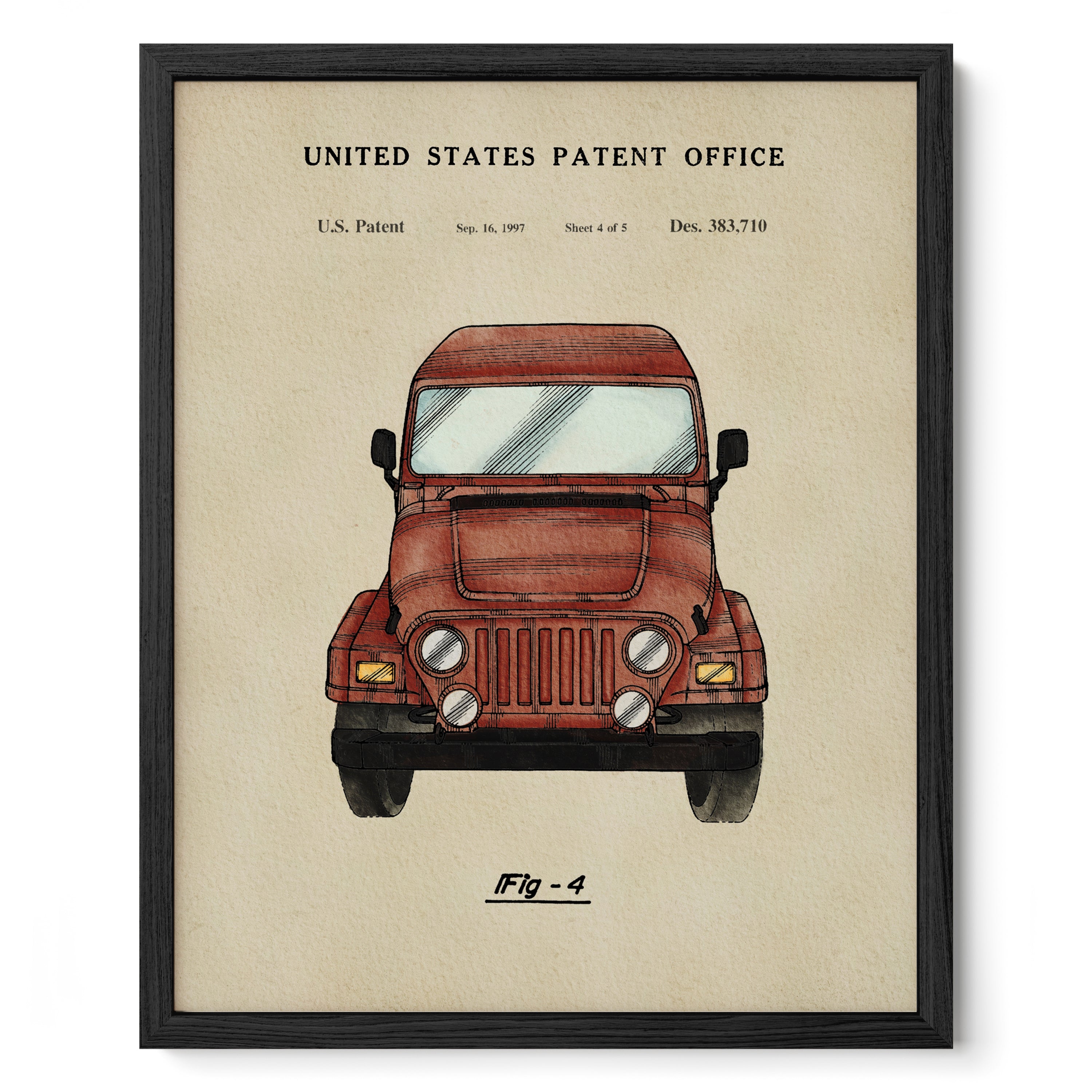 The image is a framed print depicting a red jeep, which appears to be a patent illustration.