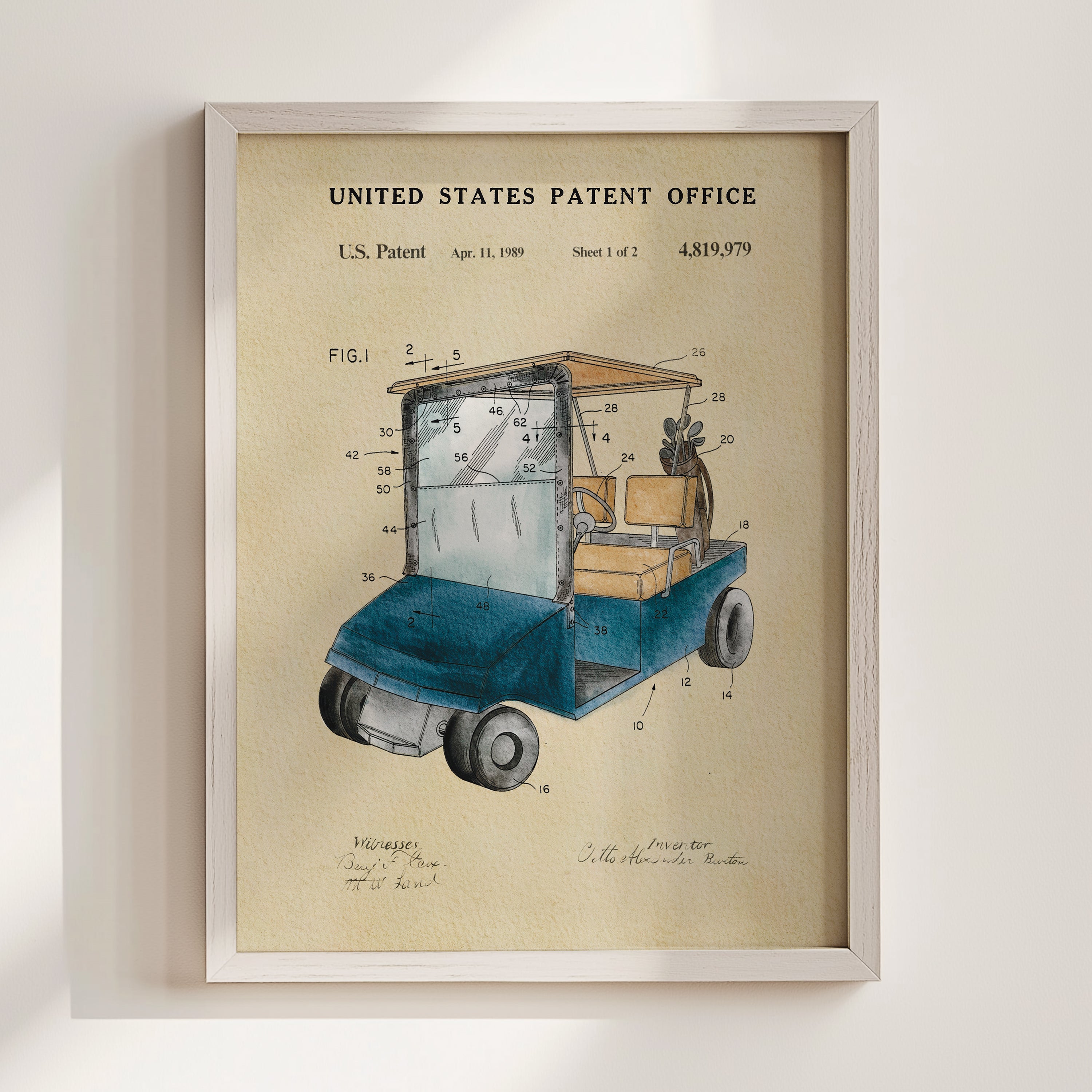 The image is a framed patent drawing depicting a golf cart, with various technical drawings and annotations.