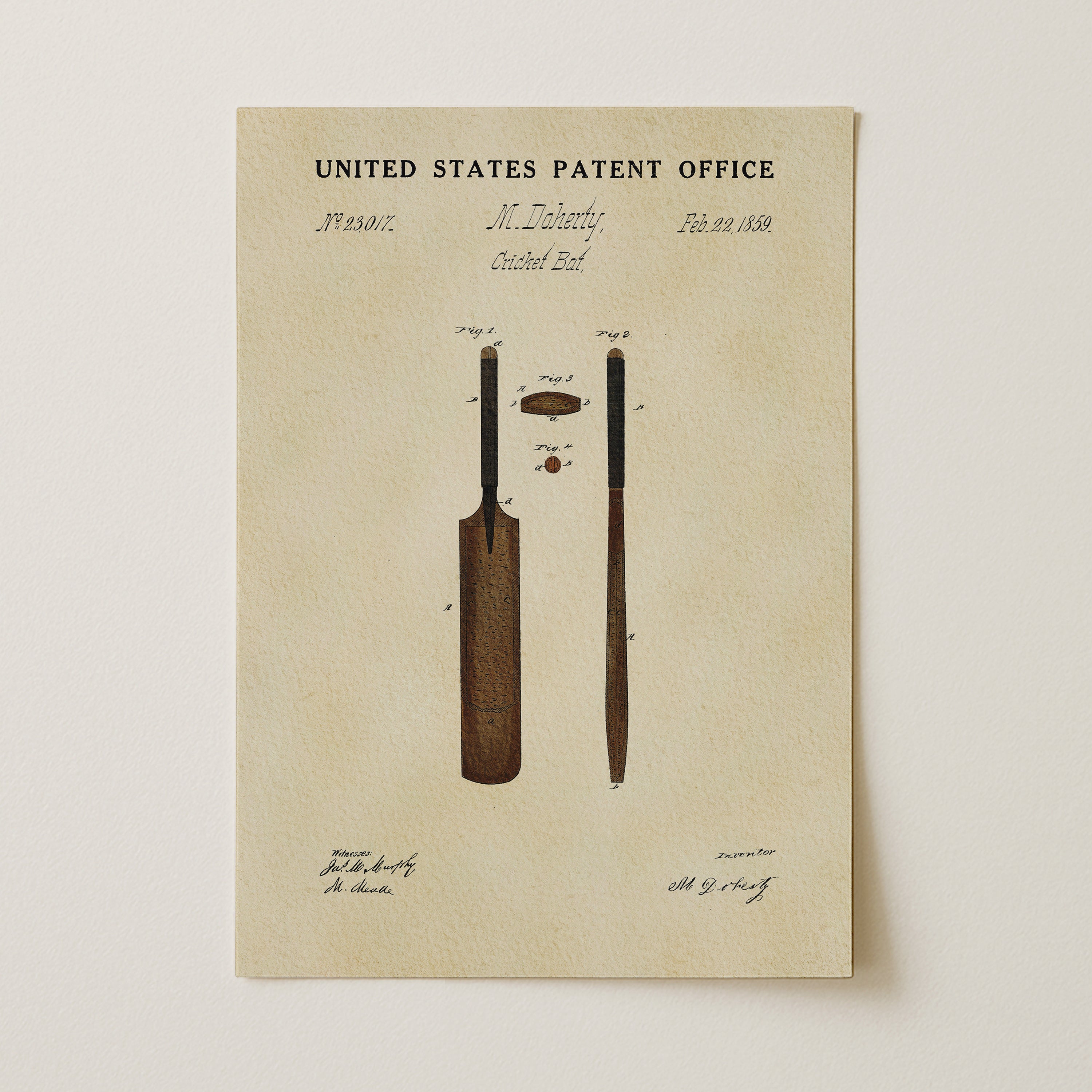 The image is a patent drawing of a cricket bat and ball, depicting the original design of the cricket bat and ball.