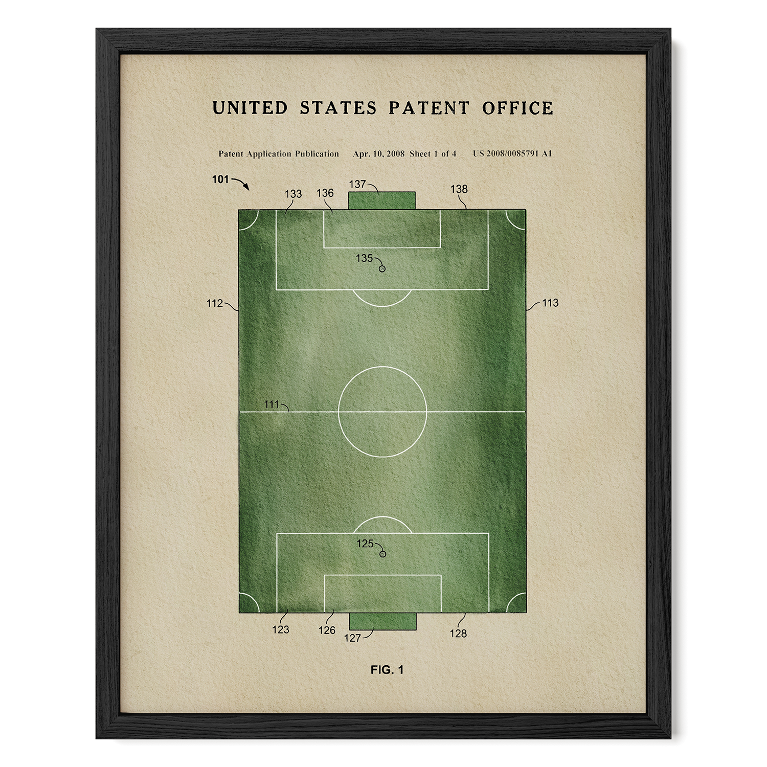 The image is a framed print depicting a patent application for a soccer field, with a green field and white markings.