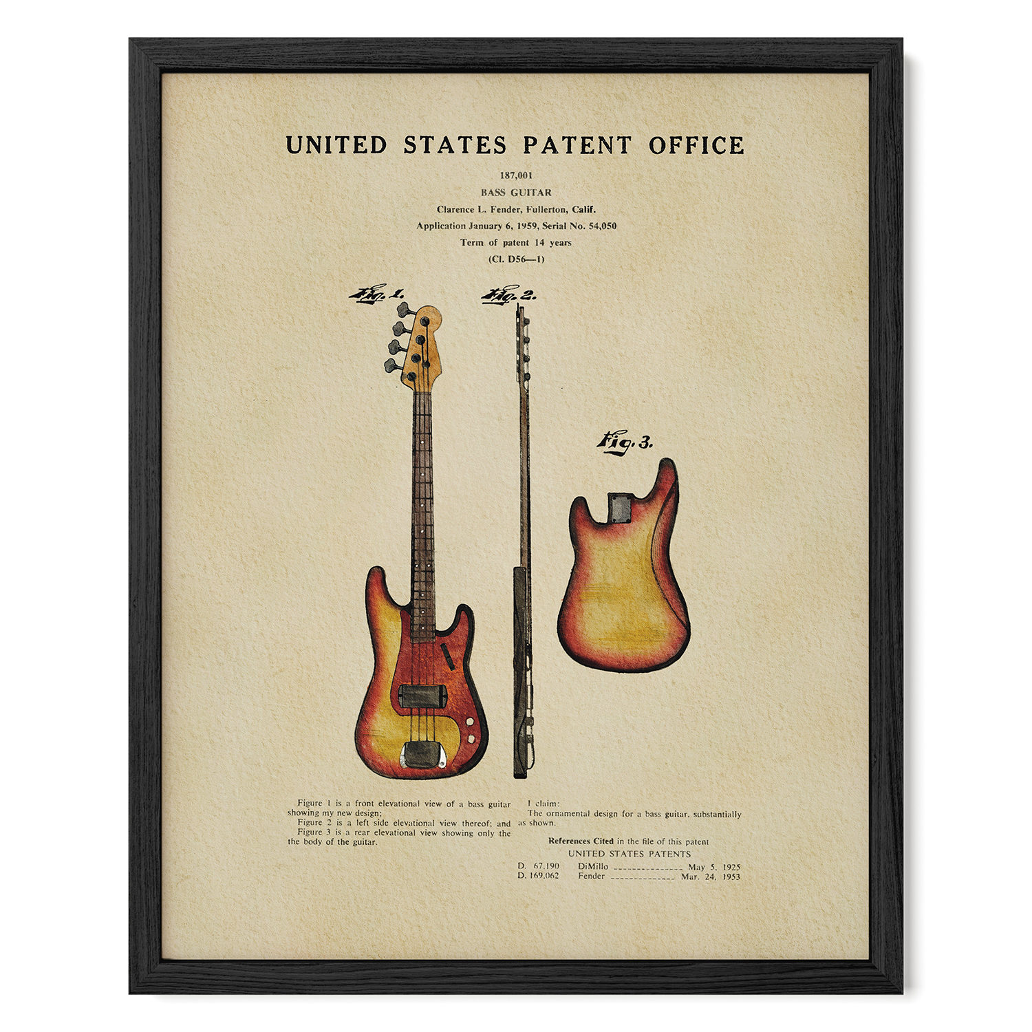 The image is a framed patent office patent for a guitar, featuring two different types of guitars, one with a brown finish and the other with a yellow finish.