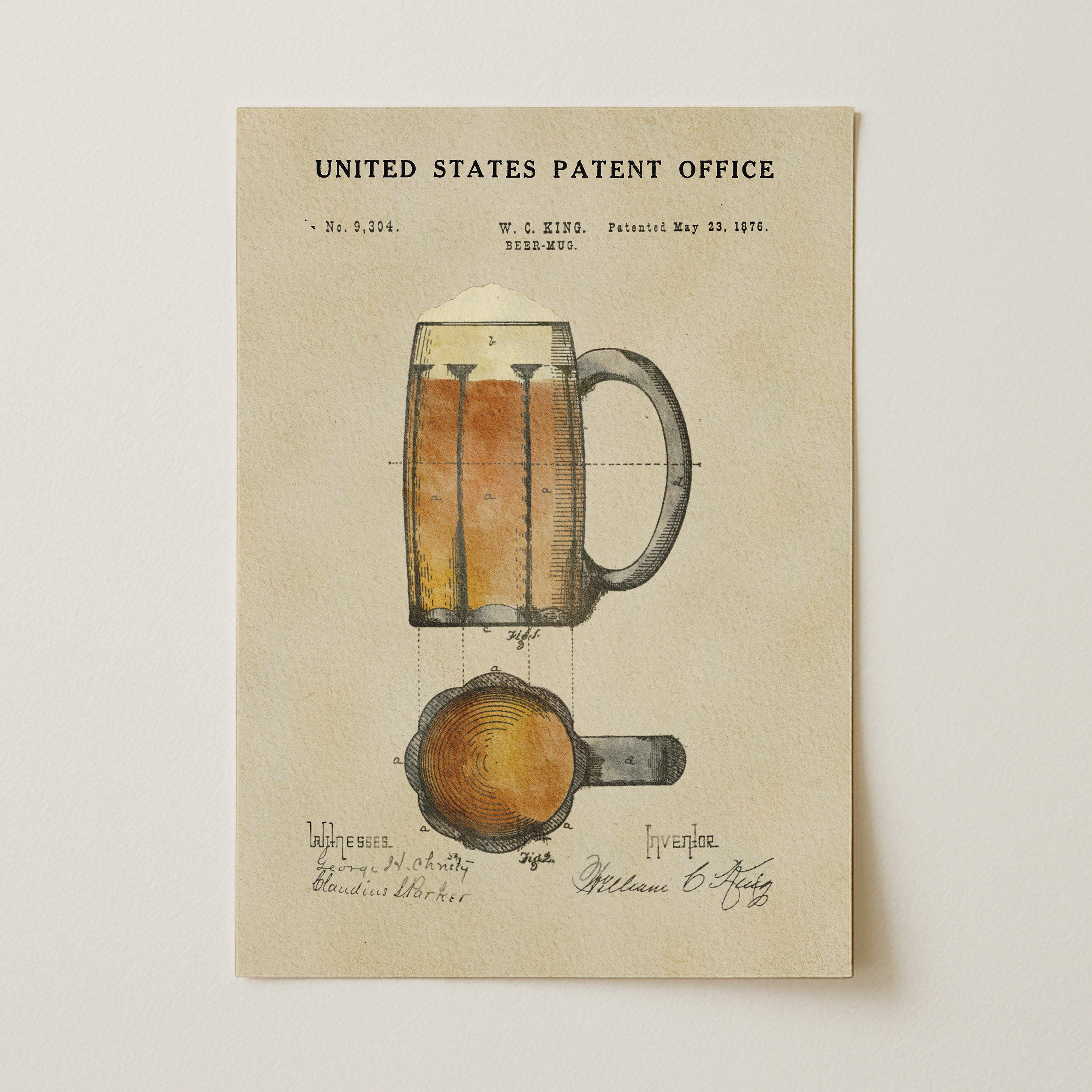 The image is a watercolor painting of a beer mug with a detailed illustration of the mug and its contents.