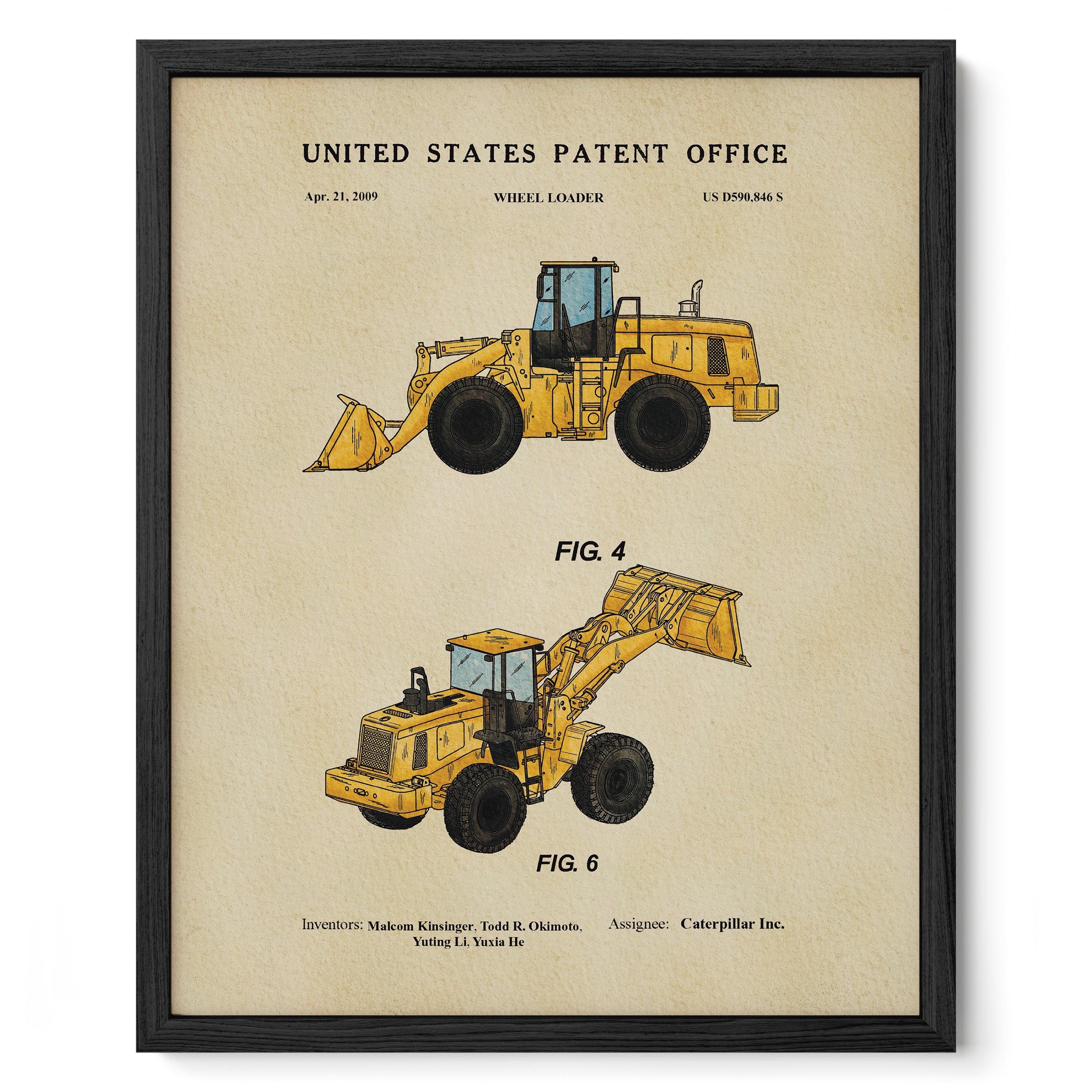 The image is a framed print featuring two illustrations of a wheel loader, a piece of heavy construction equipment.