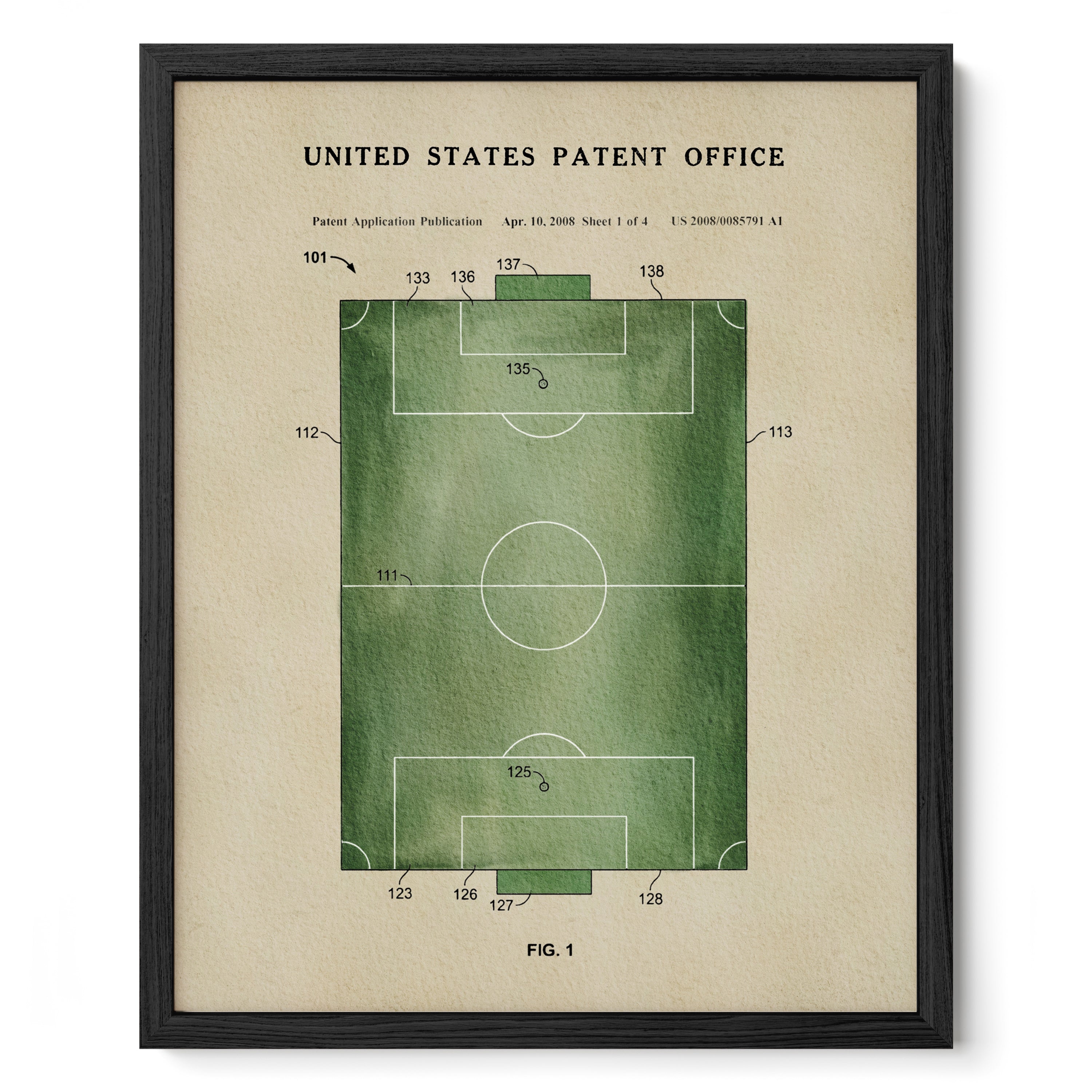 The image is a framed print depicting a patent application for a soccer field, with various measurements and annotations.