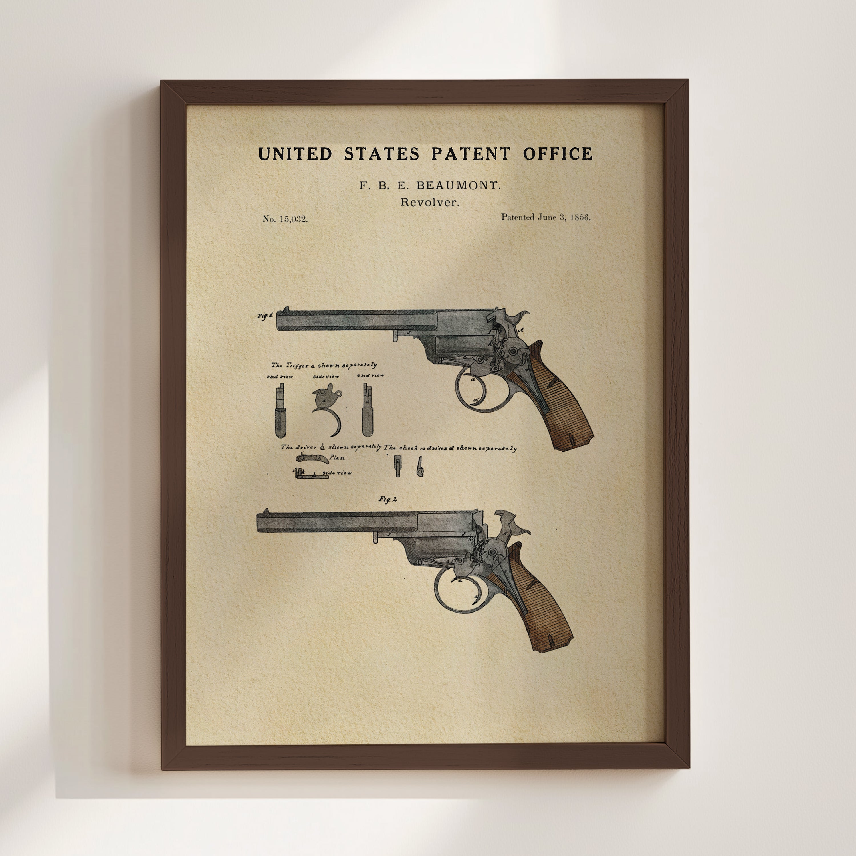 The image is a framed patent drawing of a Revolver, depicting the design and features of the weapon.