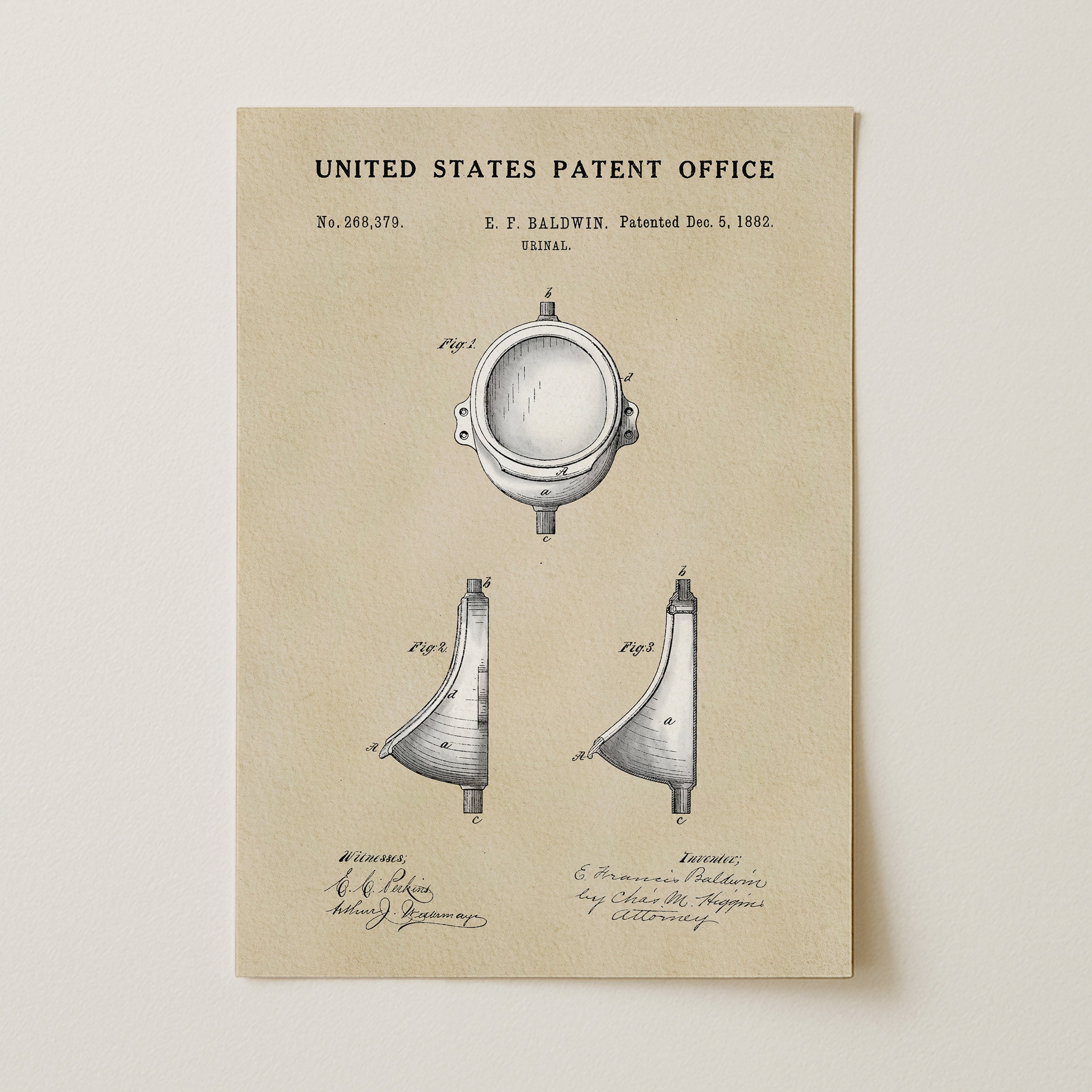 The image is a patent drawing from the United States Patent Office, depicting a device with a round head and a curved body.
