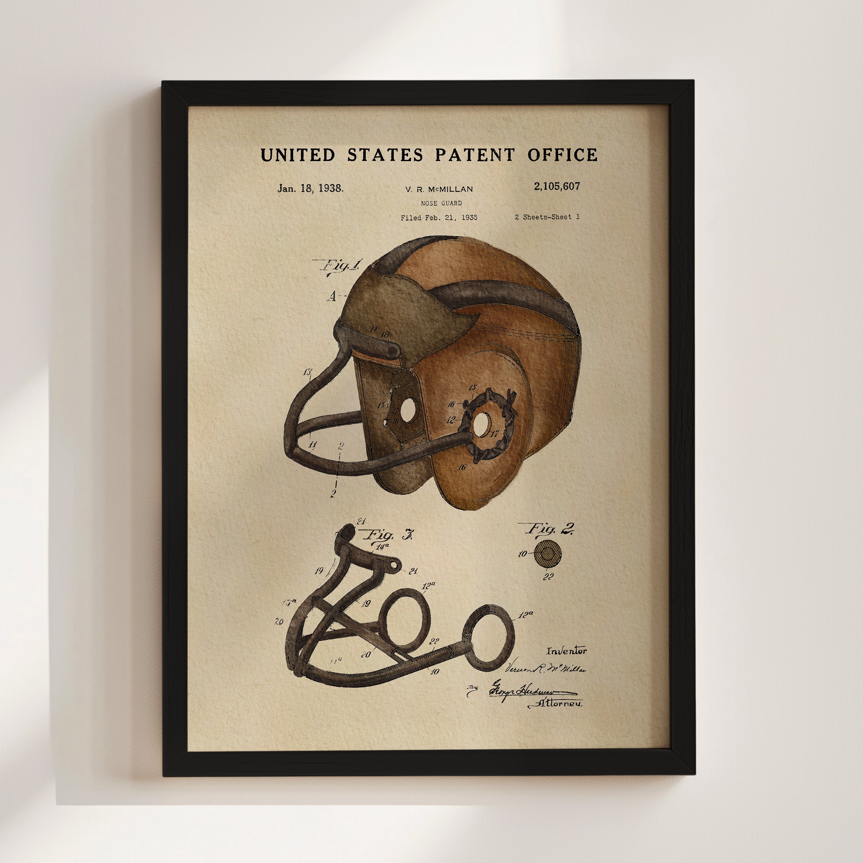 The image is a framed patent drawing depicting a football helmet with a face guard, dated January 18, 1938.