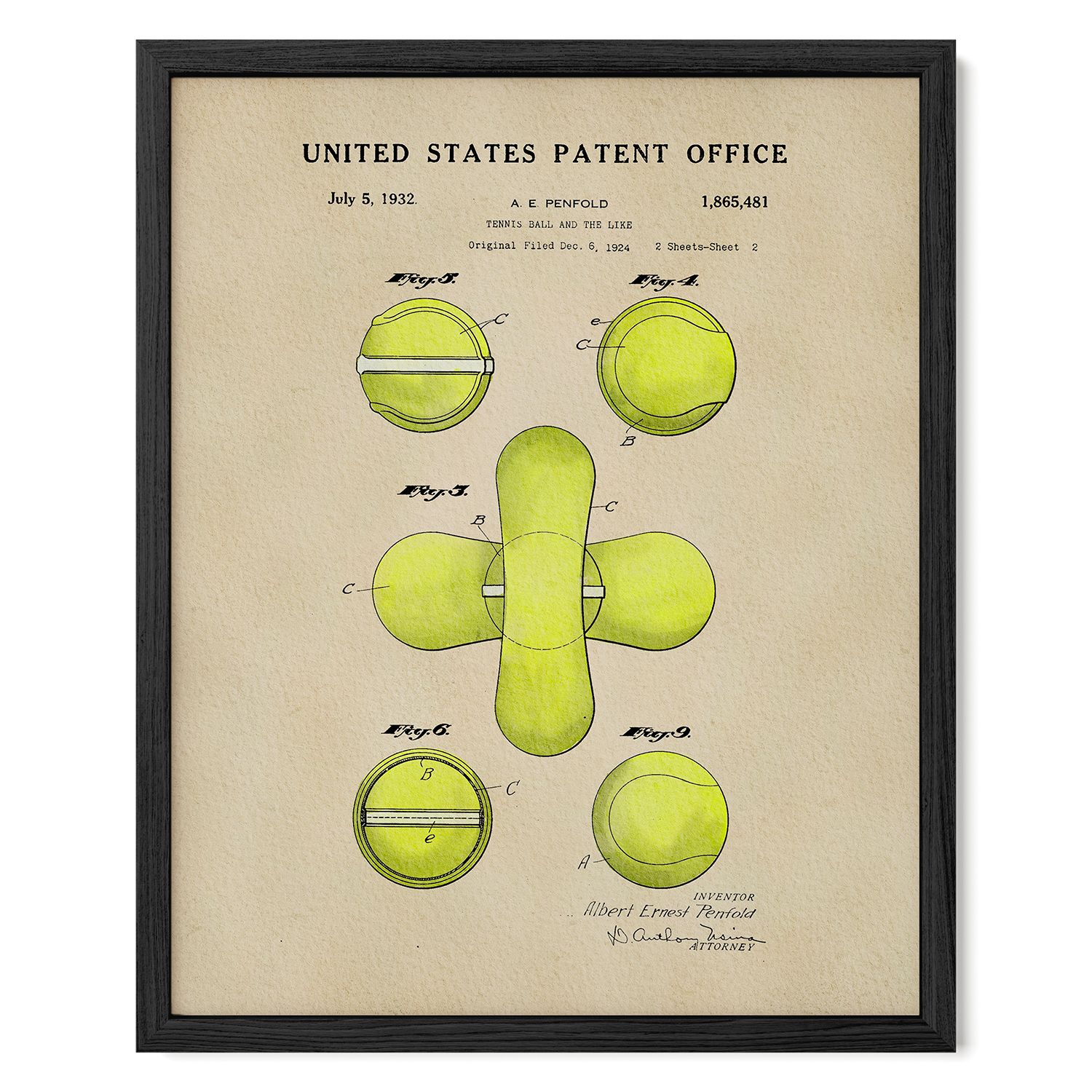 The image is a framed patent drawing depicting a tennis ball and racket.