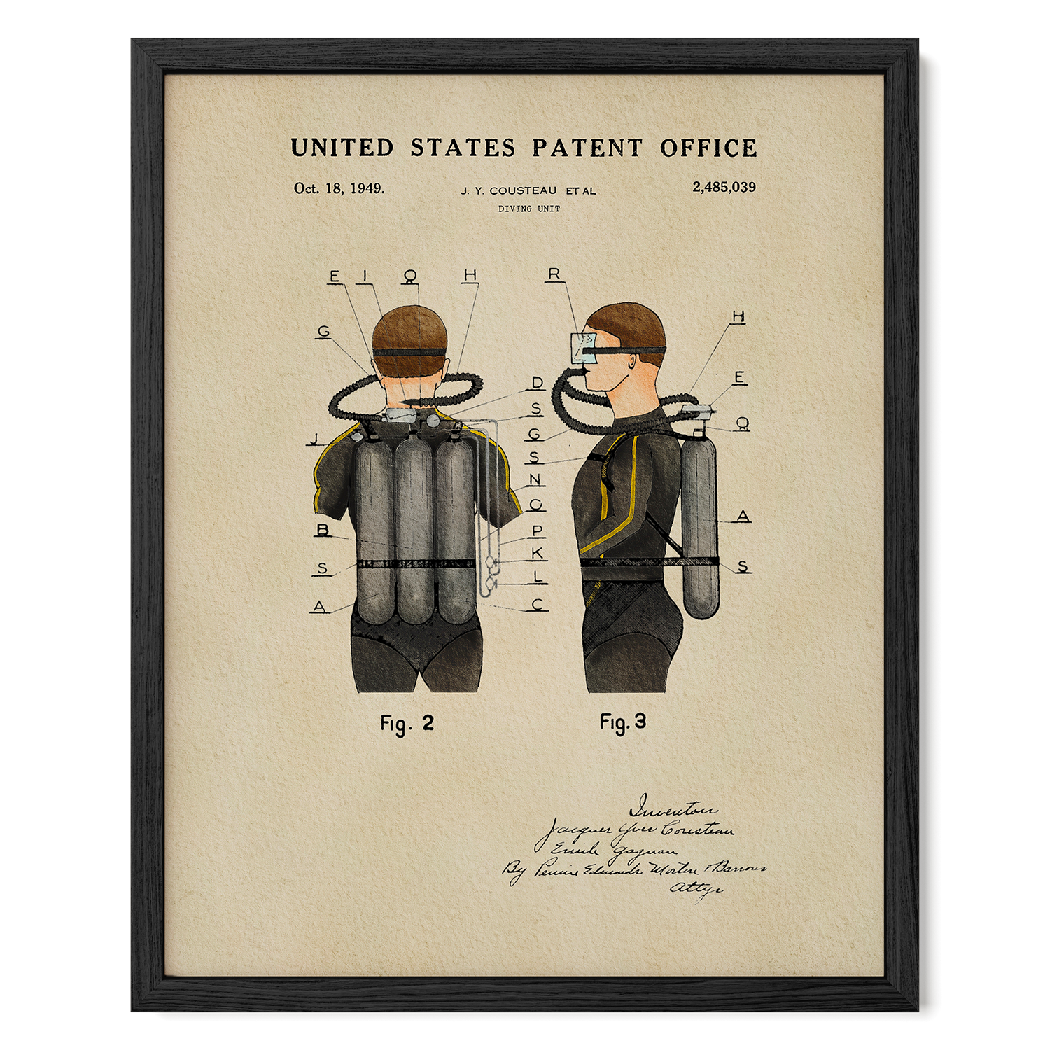 The image is a framed patent drawing depicting a scuba diver's equipment, including a diver's mask, snorkel, and breathing apparatus.