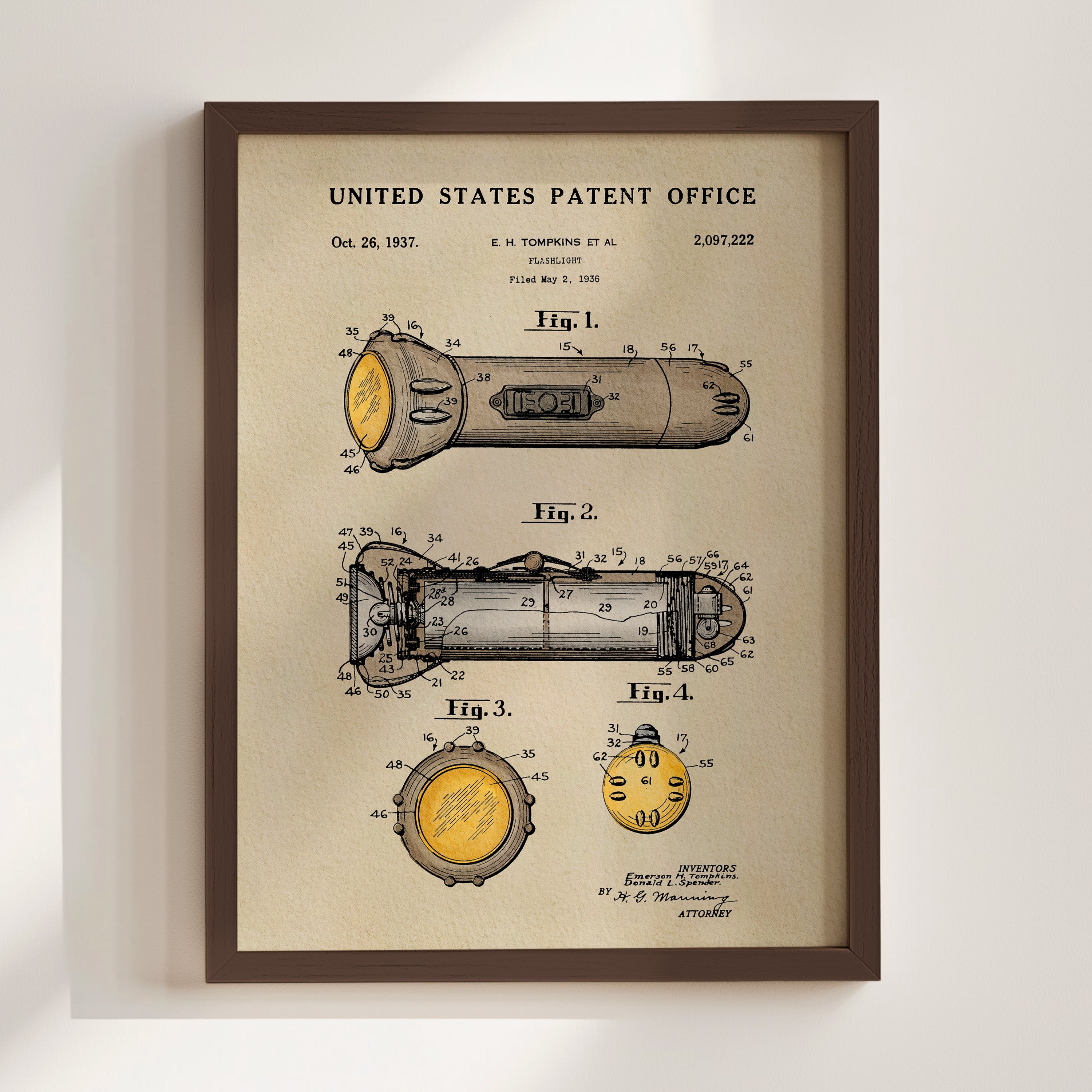 The image is a framed patent drawing depicting a flashlight, with detailed technical drawings and labels.