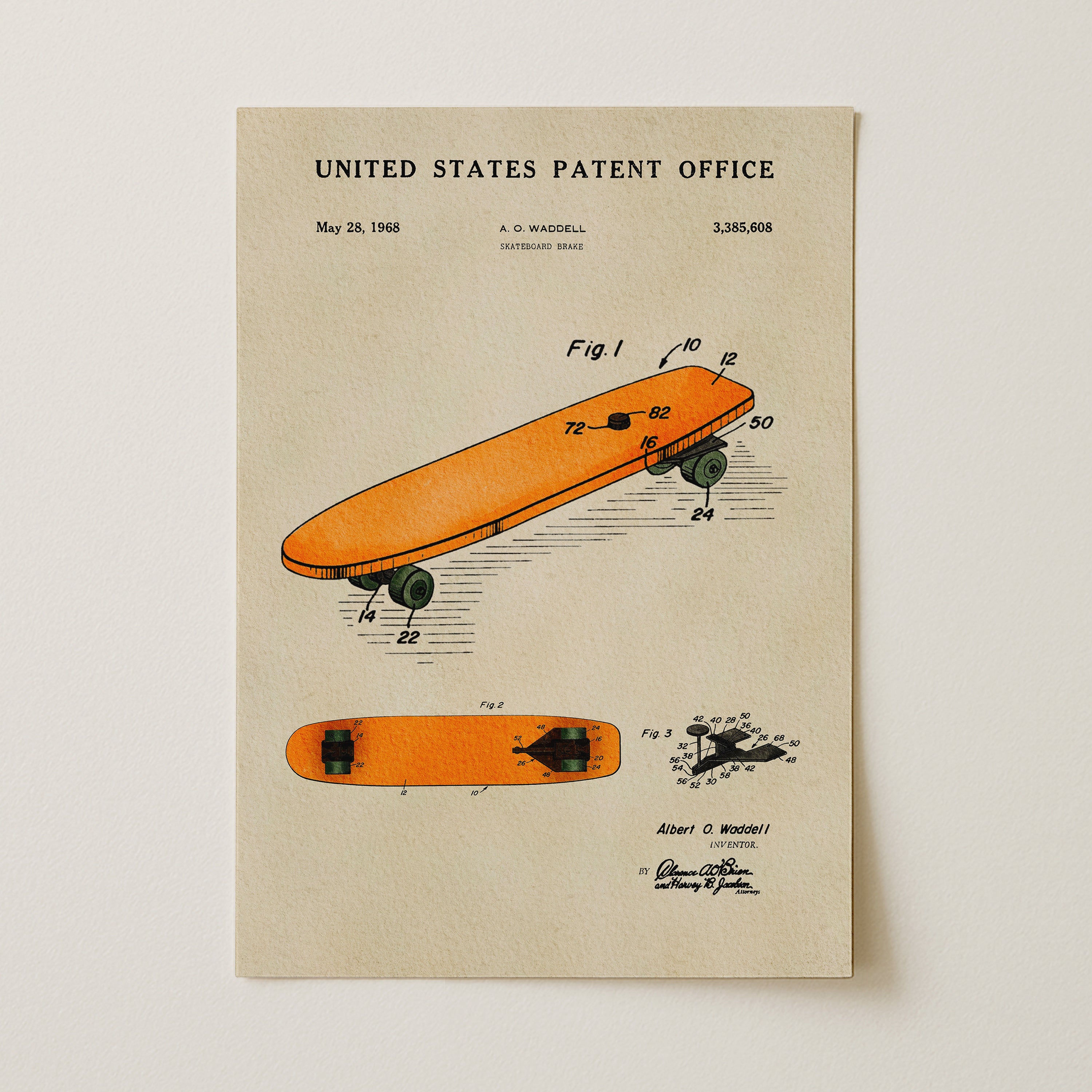 The image is a patent drawing of a skateboard from the United States Patent Office, dated May 28, 1968.